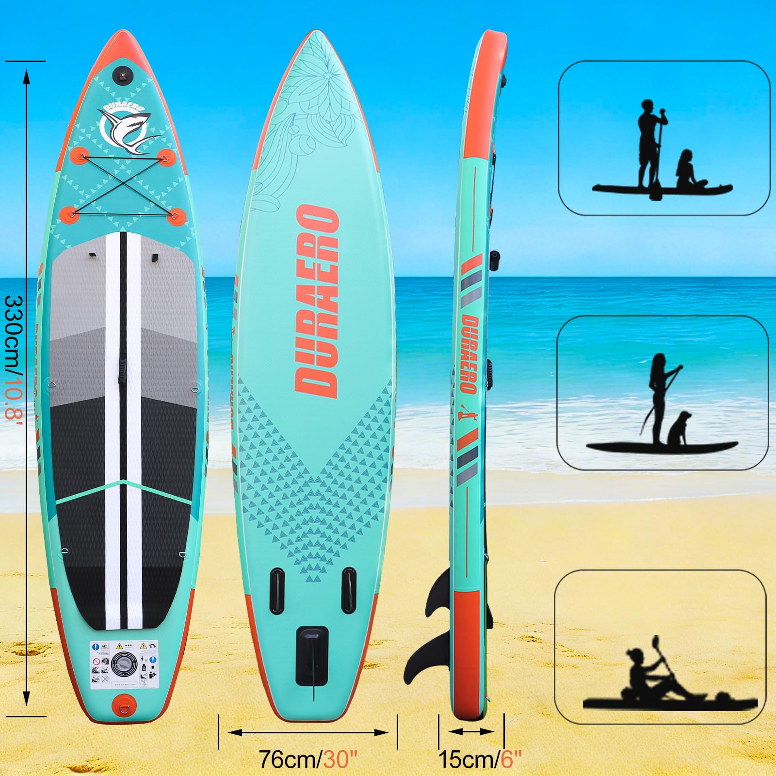 Aufblasbares SUP Set Kajak Sitz 330x76x15cm bis 150kg Camhalterung Kickpad 3 Finnen Doppelpaddel Mintgrün