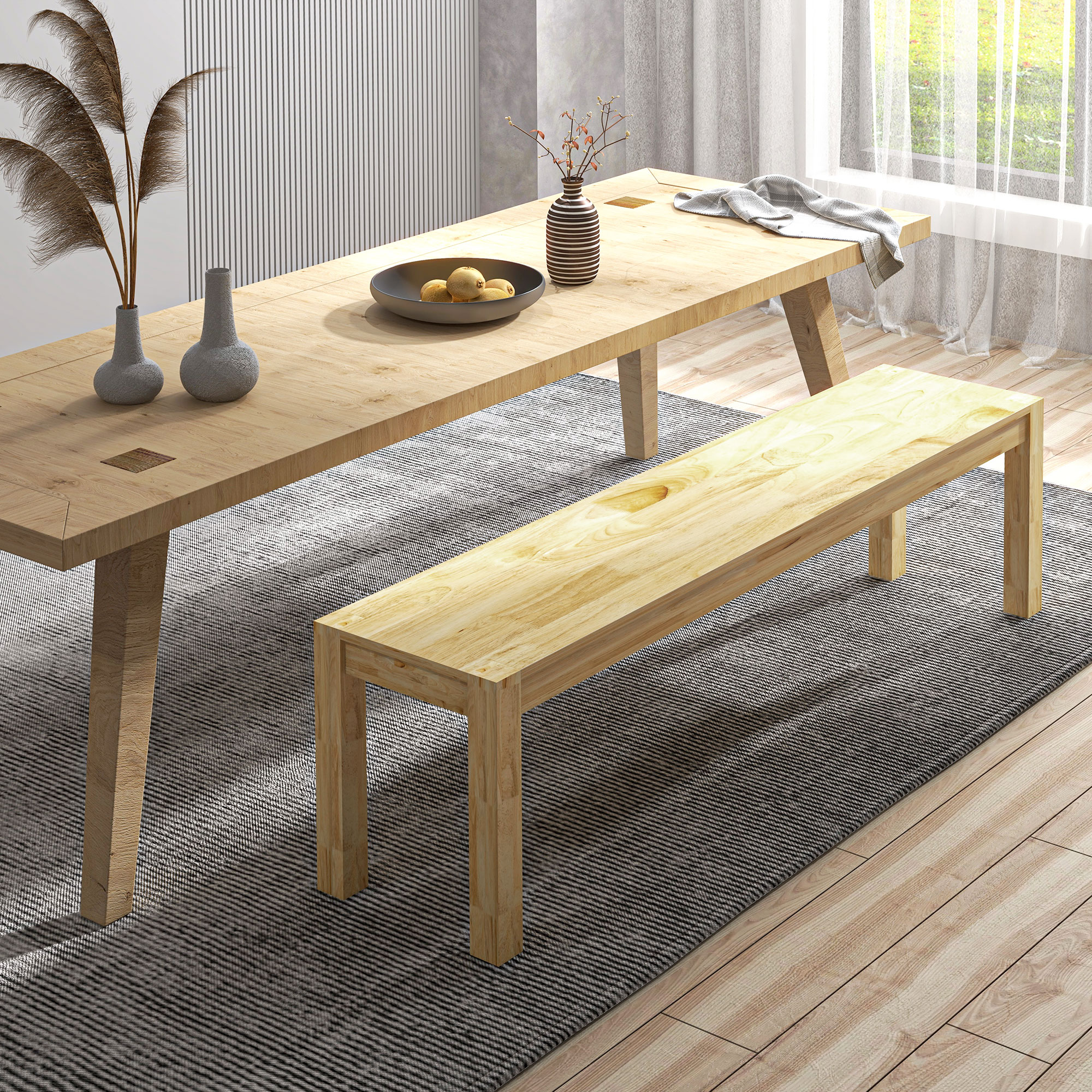 HOMCOM Sitzbank aus Massivholz, 3-Sitzer, Bank, Küchenbank, Kiefernholz, Natur