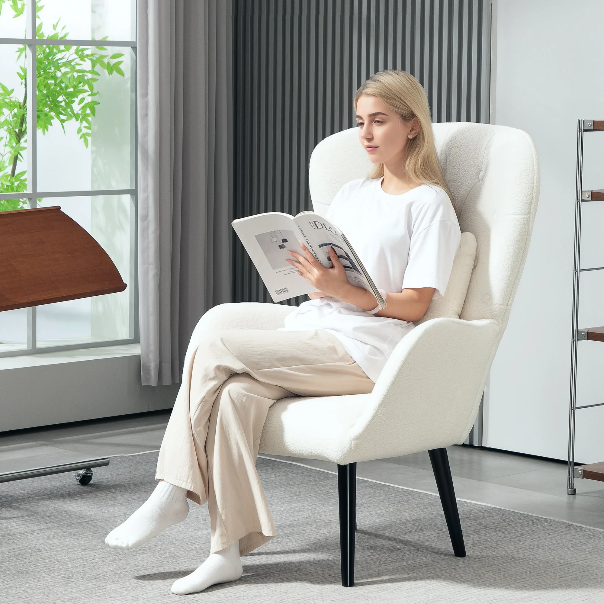 HOMCOM Polsterstuhl Wohnzimmer Teddystoff Rautensteppung Weiß