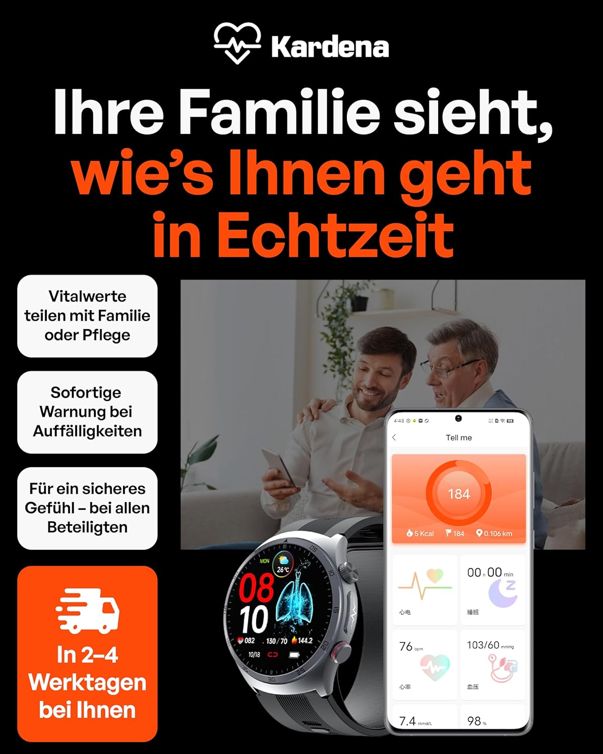 Kardena® Care Air 3 Gesundheitsuhr mit Mikroairbag-Blutdruckmessung, Deutscher Sensorik, AMOLED-Display & SOS – Herzfrequenz, SPO₂, Temperatur & REM-Schlafanalyse für Damen & Herren