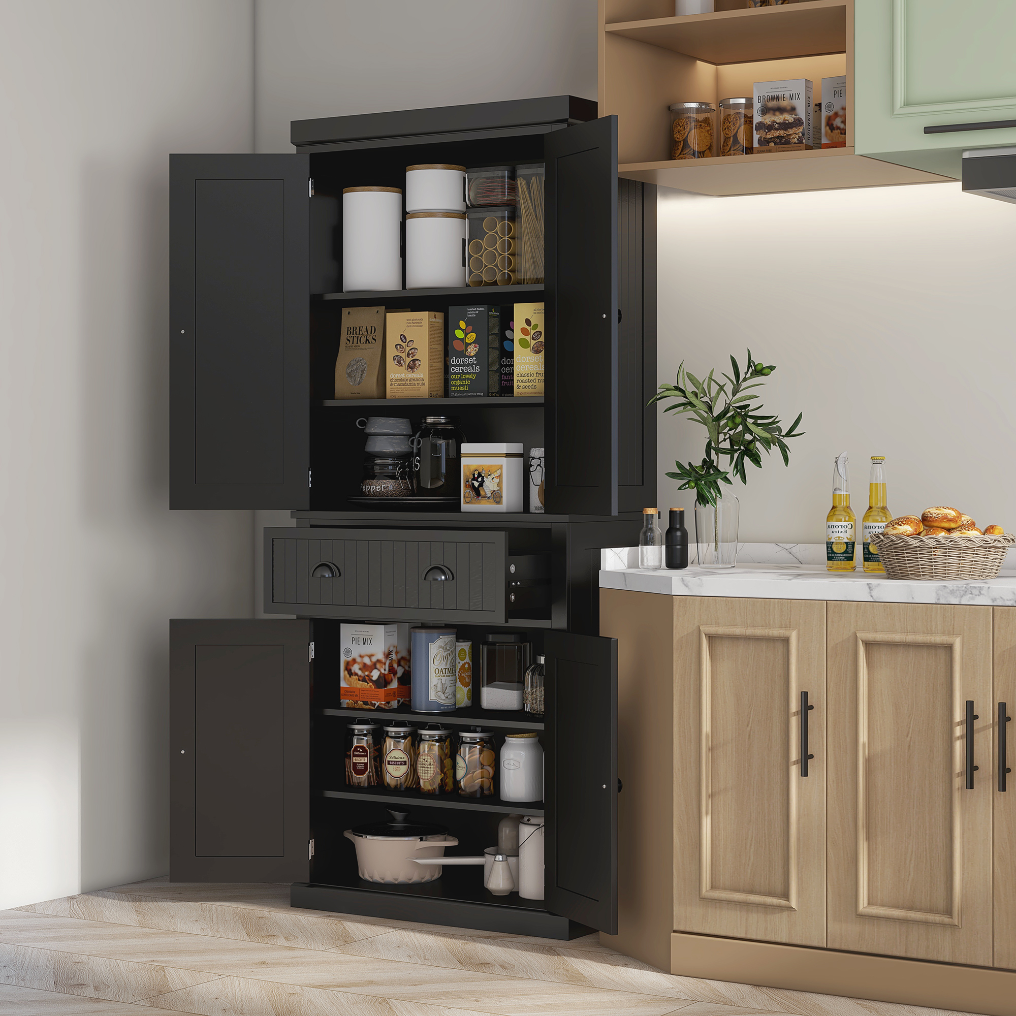 HOMCOM Küchenbuffet Küchenschrank Multi-Lagerung verstellbare Regalbretter 4 Türen und große Schublade 76,2 x 40,2 x 183 cm Schwarz
