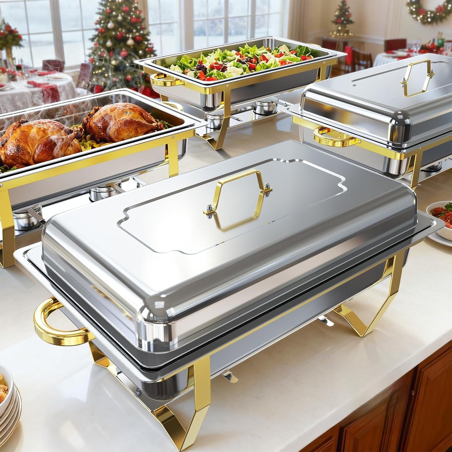 Chafing Dishes for Buffet 4 Pack, High Grade Chafing Dish Buffet Set, Buffet Food Warmers [Screw-Free Installation] with Stackable Design for Wedding/Home/Christmas Buffets, 4 Full Size Pans