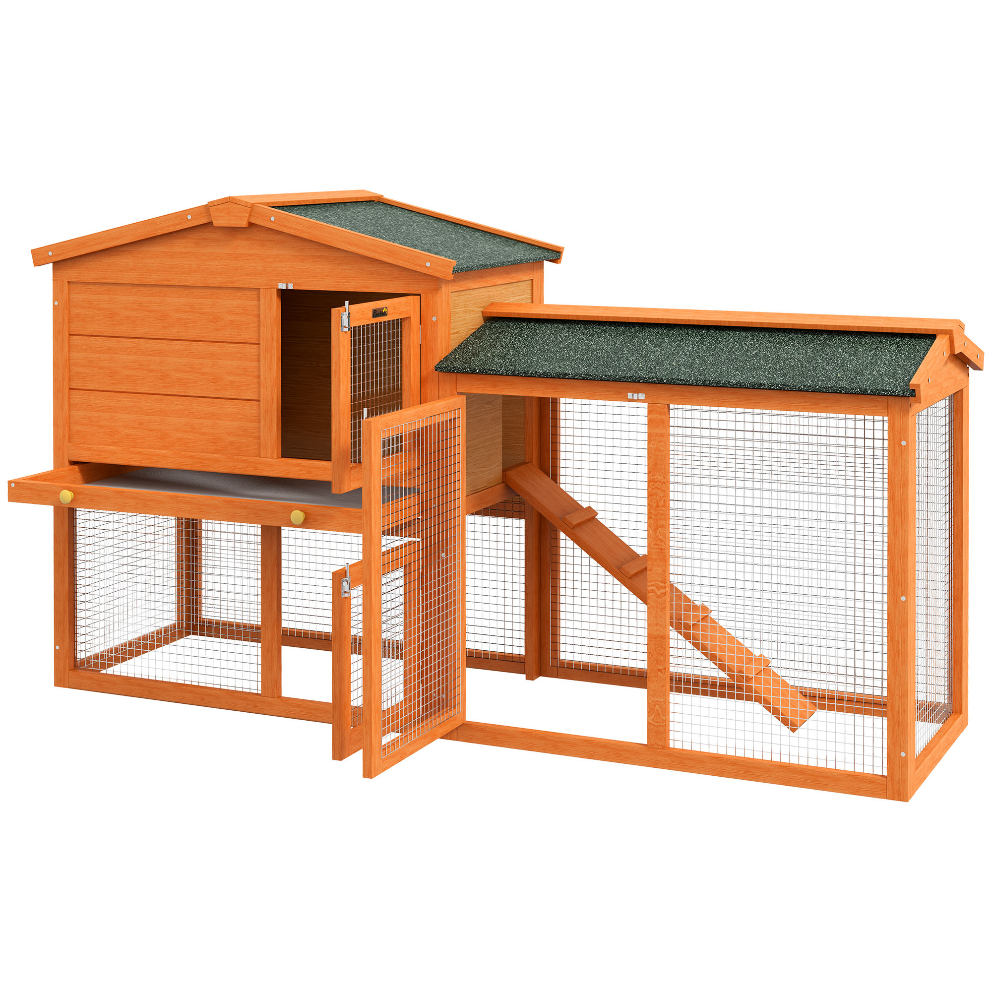 Kleindierenhok, kleine dierenkooi, buitenkonijnenhok, buitenren, winterbestendig, massief hout, 150 x 45 x 85 cm, Oranje