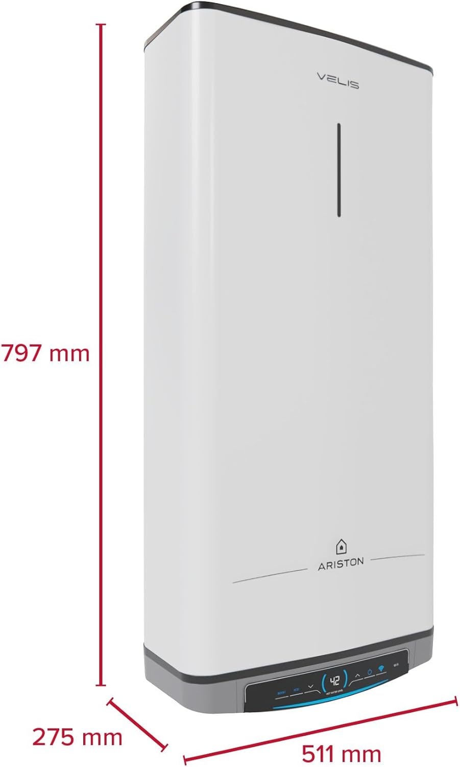 Ariston Velis Dune Wifi - Scaldabagno Elettrico 50 Litri Verticale e Orizzontale 275x506x776 - Boiler Elettrico 2 Serbatoi, Funzione ECO-EVO e Check Temperatura Remoto, Classe B, Compatibile con Alexa
