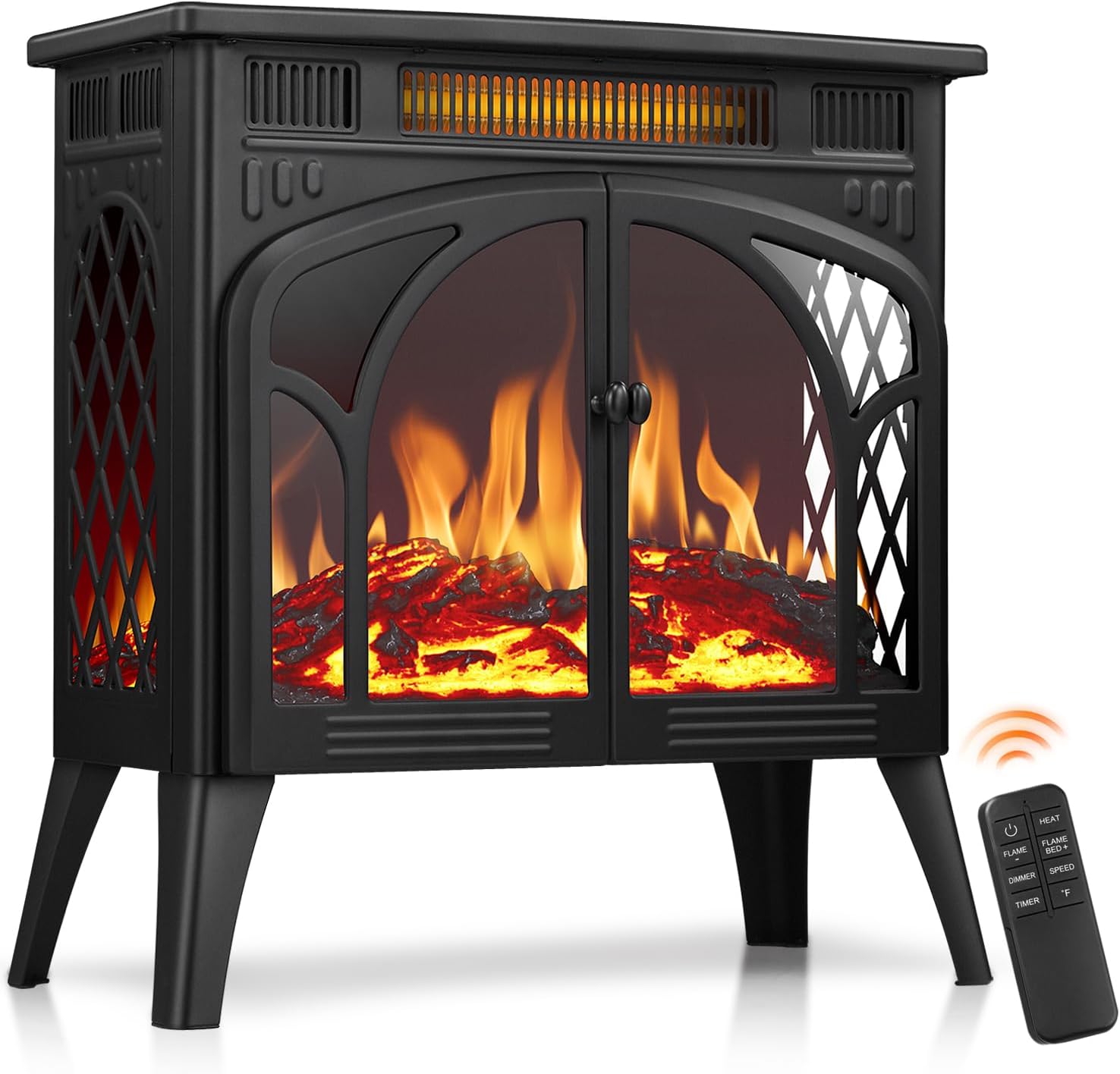 R.W.FLAME Electric Fireplace Heater 25" with Remote Control, Cathedral Stylish, Different Flame Effects and Log Set Colors, Adjustable Brightness and Heating Mode, Overheating Safe Design