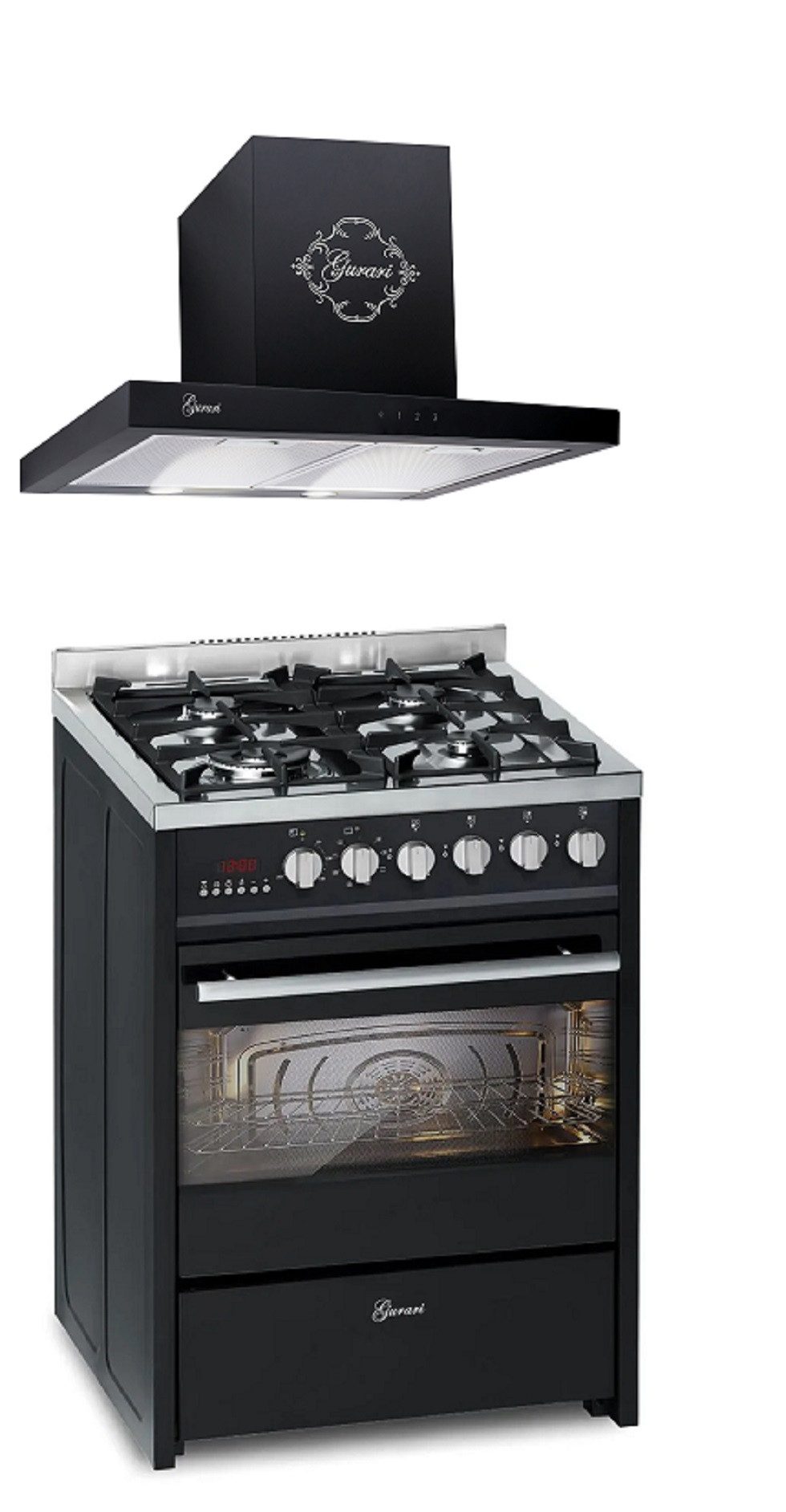 Gas-Standherd 60 cm Schwarze Gasherd mit Elektrobackofen 60 L, Erdgas/Propangas, 4 Kw, WOK, Range Coocker mit Dunstabzugshaube 60 cm, 1000m³/h, TouchControl GCH E 610 BL +GCh 462 BL 6 Prime