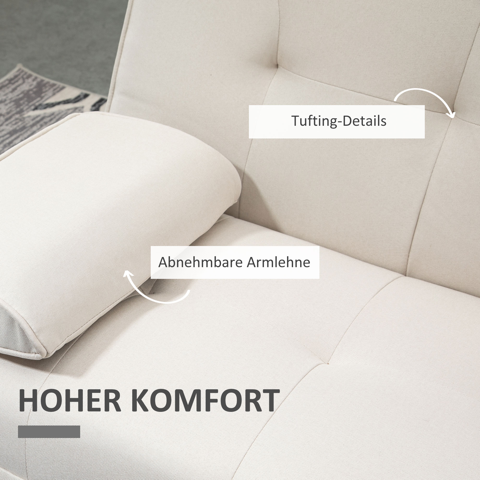 HOMCOM Slaapbank 3-zits, verstelbare rugleuning met inklaptafel, twee armkussens, linnenlook, beige, 181 x 77 x 78 cm