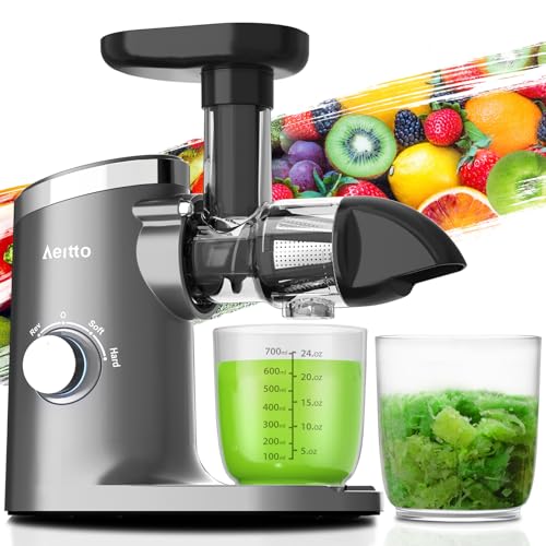 Slow Masticating Juicer, Aeitto Cold Press Jucier Machine with Soft & Hard Modes, Quiet Motor, Juicer Machines Vegetable and Fruit, Juice Extractor machine, Easy to Clean with Brush, Grey: Home & Kitchen