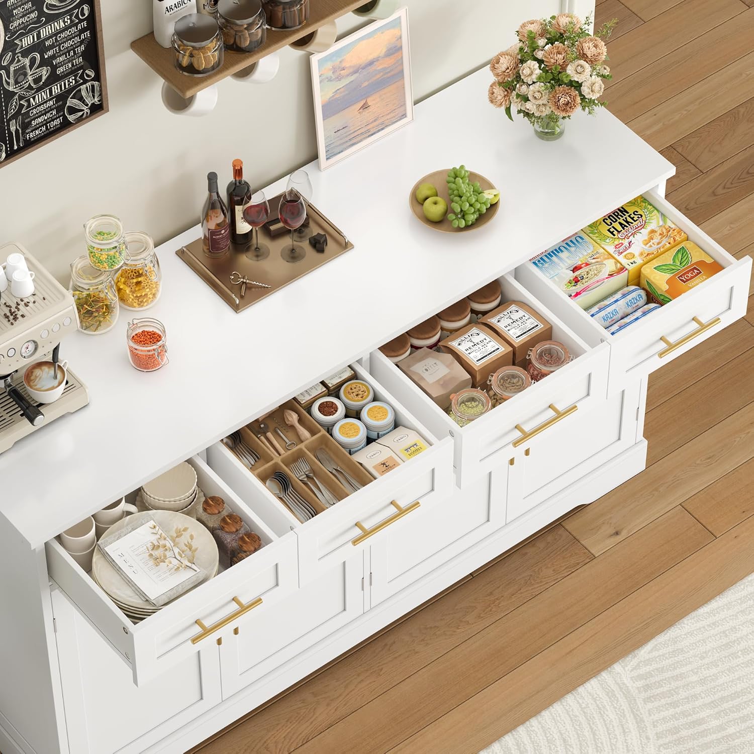HOCSOK Credenza Cucina, 150 cm Madia Cucina con 4 Cassetti 4 Ante, Credenza Soggiorno con Maniglie in Metallo per Soggiorno, sala da pranzo, Ingresso, Mobile TV, 150×92×40 cm, Bianco