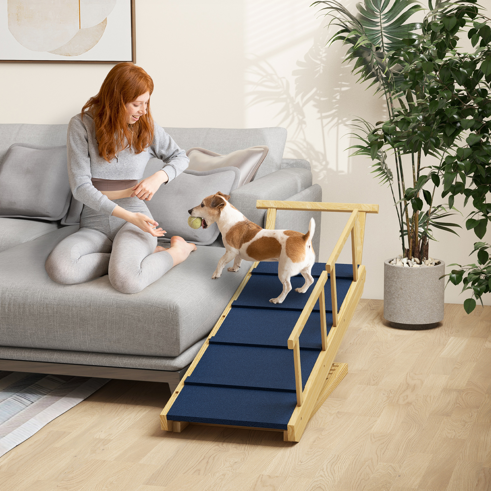 PawHut Hunderampe, höhenverstellbar, klappbar, Geländer, für Hunde bis 40kg, Holzrahmen, 85 x 40 x 78,5 cm, Schwarz