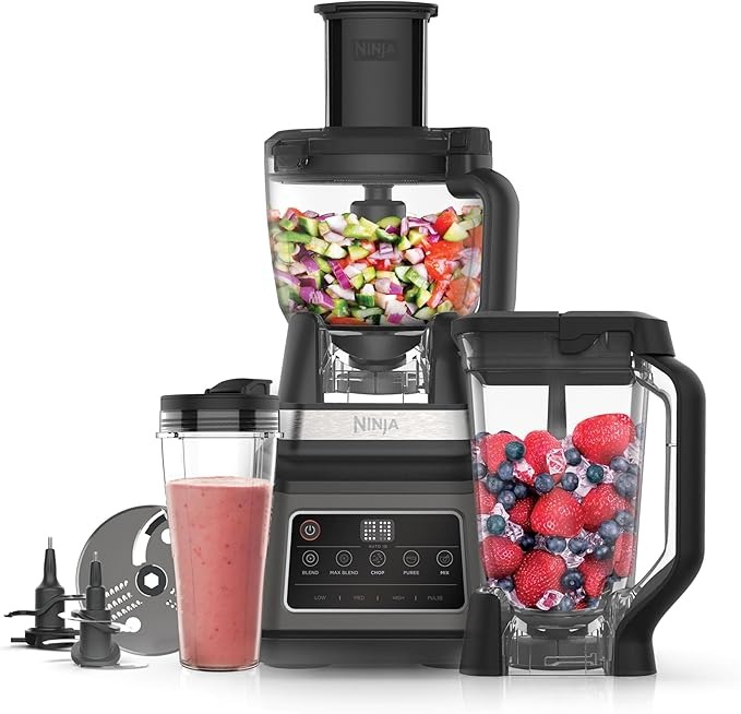 Ninja Robot da cucina e frullatore 3 in 1, 1200W, ciotola 1,8L, caraffa 2,1L, tazza 700ml, 5 programmi Auto-iQ, per frullare, tagliare, miscele, purè, lavabile in lavastoviglie, nero, BN800EU