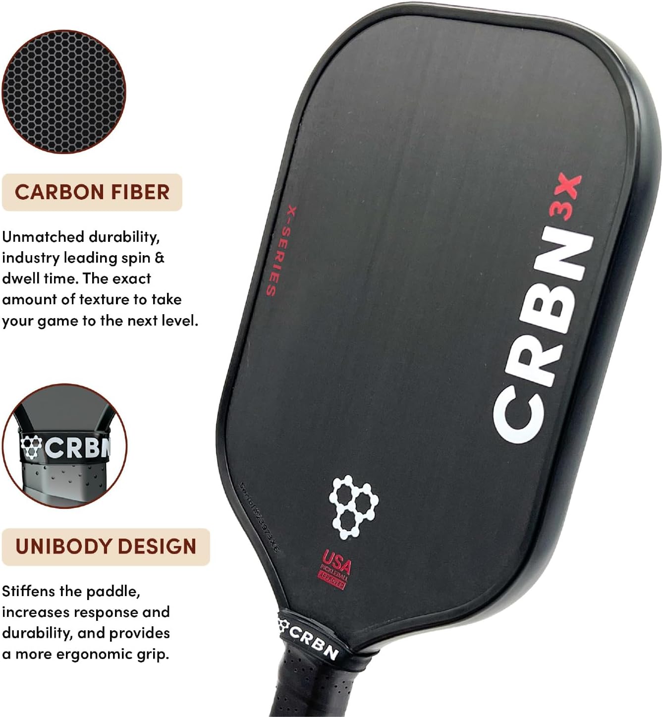 CRBN Power Series Pickleball-Paddel – Kohlefaser-Pickleball-Paddel mit Schaumstoff-eingespritzten Kanten für erweiterten Sweet Spot