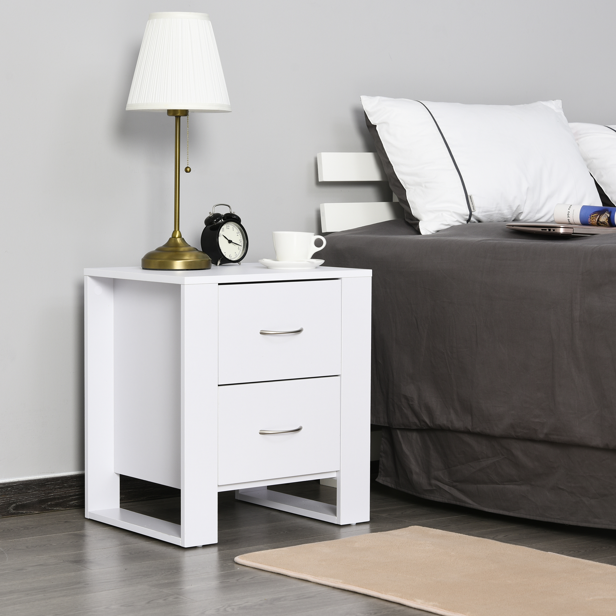 HOMCOM Nachttisch mit 2 Schubladen Modern quadratisch mit Griff erhöhter Basis Melaminbeschichtet Schlafzimmer Aufbewahrungsmöbel Nachttisch organisiert Weiß 48 x 39 x 54 cm
