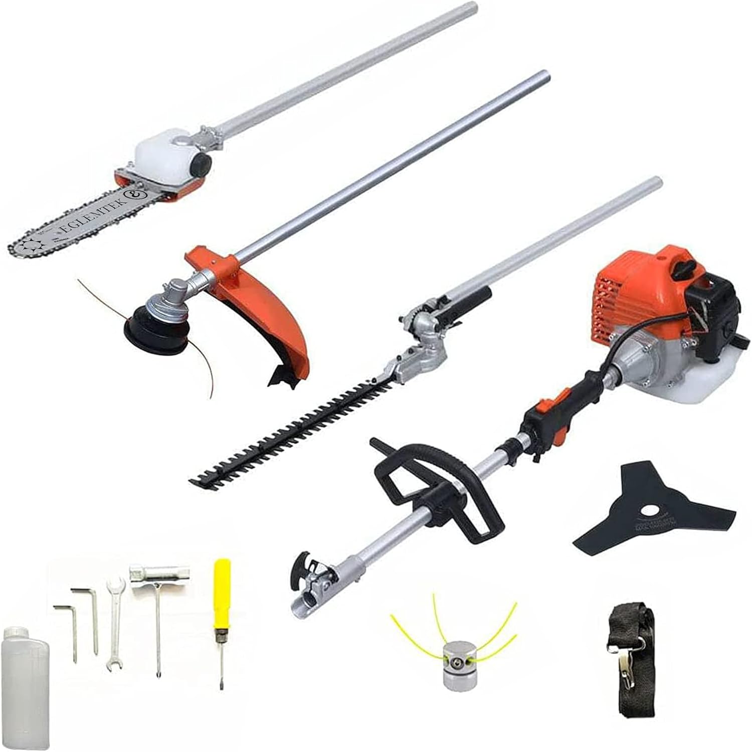 BRICOZONE Decespugliatore Tagliaerba a Scoppio Benzina 52 cc Multifunzione 4 in 1 Tagliasiepi Troncarami Tagliabordi Motosega Uso Professionale Potatura Giardinaggio Arancione