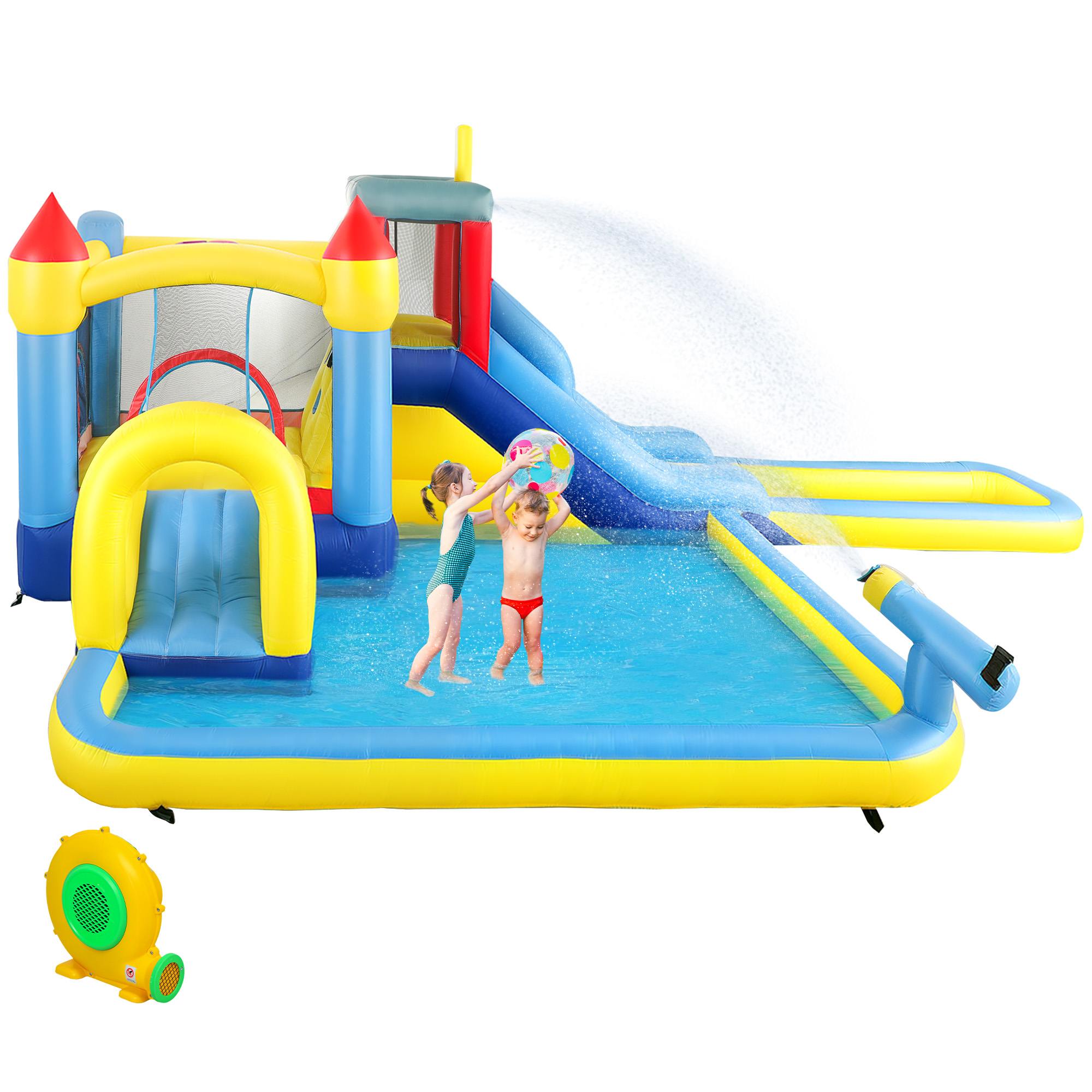 AIYAPLAY Schloss aufblasbar mit Gebläse Wasserpark Rutschen, Trampolin, Kletterwand, Wasserpistole, Basketballkorb