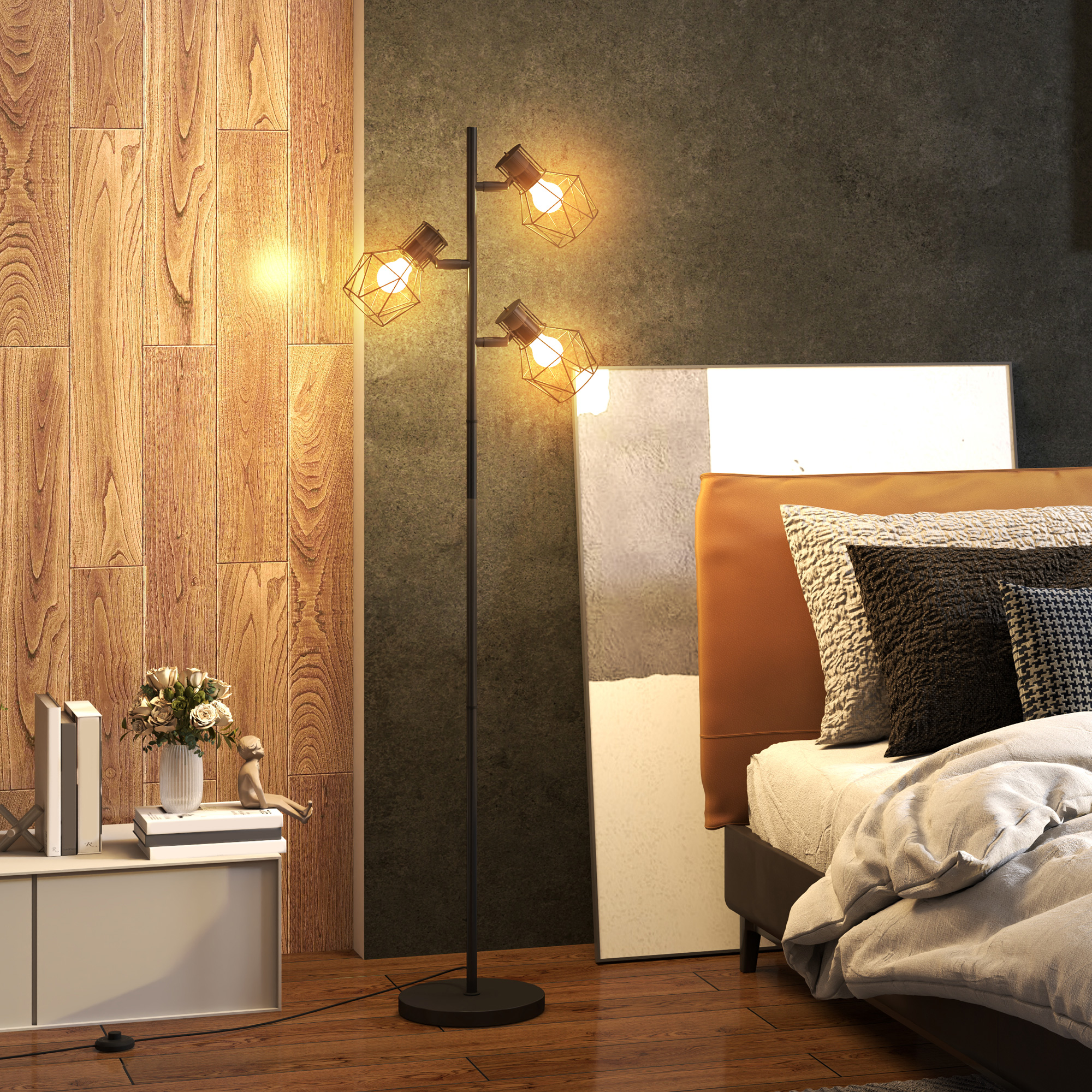 HOMCOM 3-Licht-Stehlampe mit flexiblen Leuchtelementen, baumähnliche Struktur, für Wohnzimmer und Schlafzimmer, Metall, Schwarz