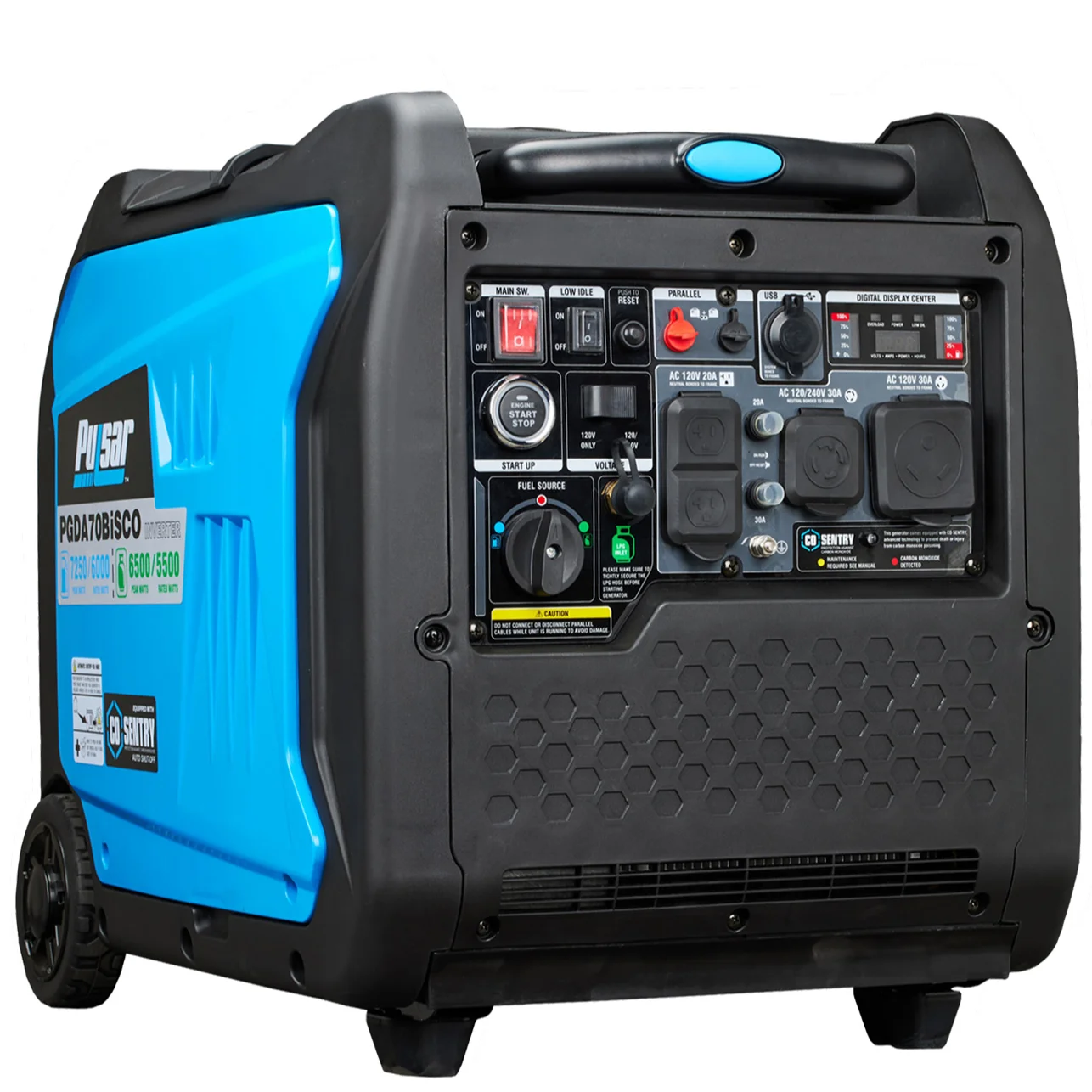 Generatore inverter Pulsar super silenzioso a doppio combustibile da 7.250 Watt con rilevatore di monossido di carbonio e avvio remoto - MadeInUSA