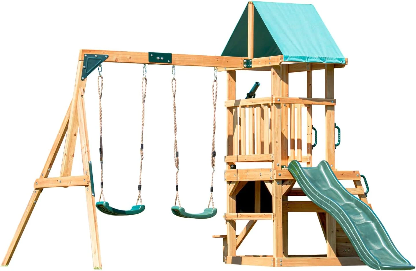 DOLPHIN PLAYGROUND T Klettergeräte & Schaukeln, Grün/Natur, Schaukelgestell Outdoor-Set mit 2 Schaukeln, Rutsche