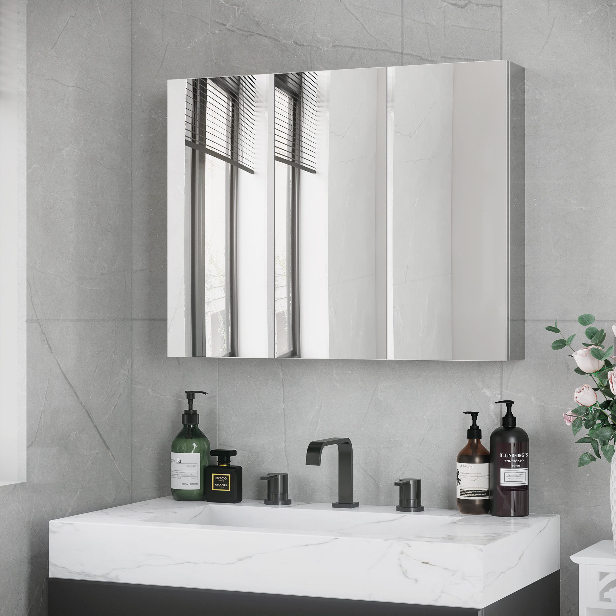 kleankin Spiegelschrank, Badschrank, 3 Spiegeltüren, 5 Innenböden, Edelstahl, Farbe: Silber, 70 x 12 x 55 cm