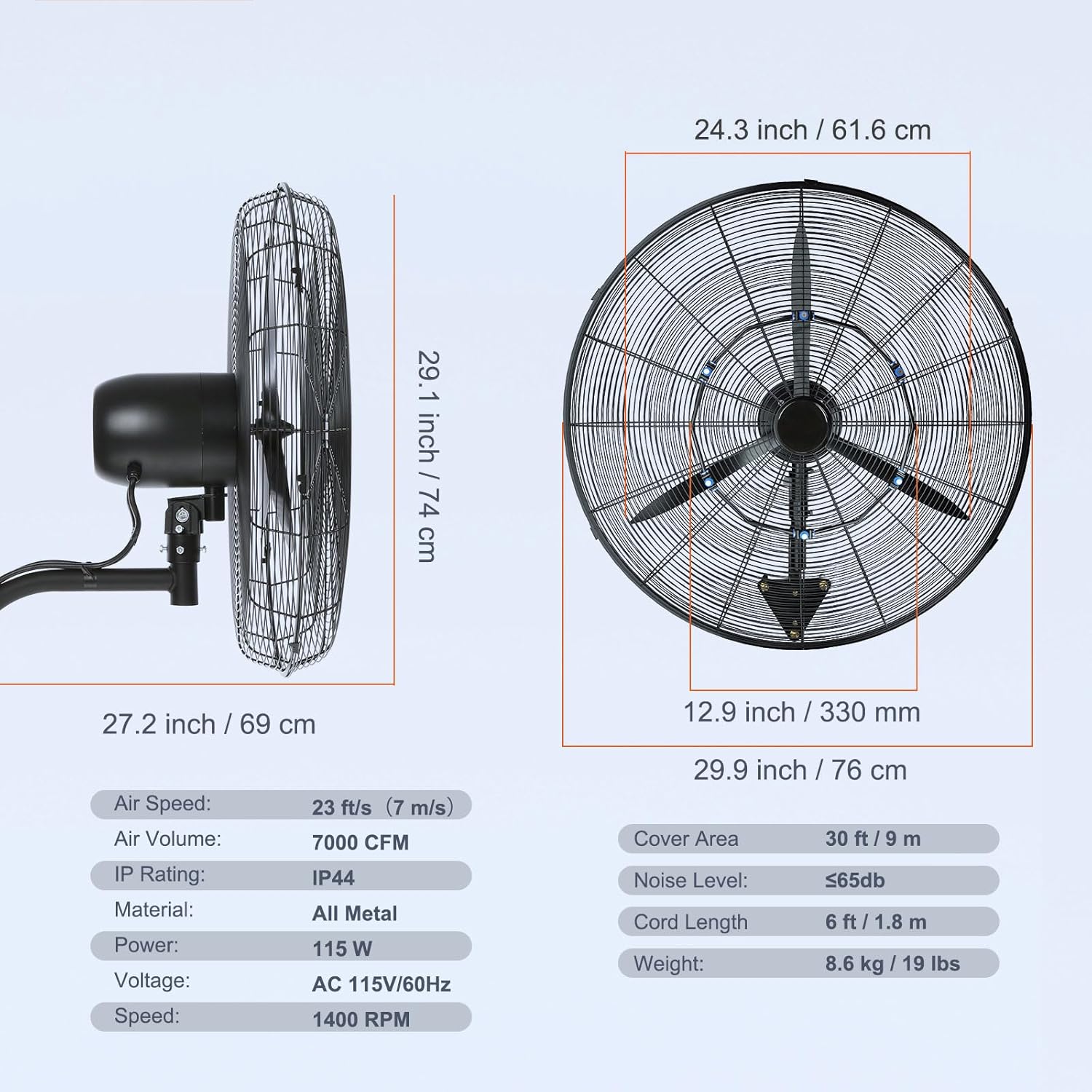 VEVOR Nebelventilator, 61,6 cm oszillierender, wasserdichter Ventilator, 3 Geschwindigkeiten, 7000 CFM, gewerblicher oder privater Ventilator zur Kühlung von Lagerhäusern, Gewächshäusern, Werkstätten