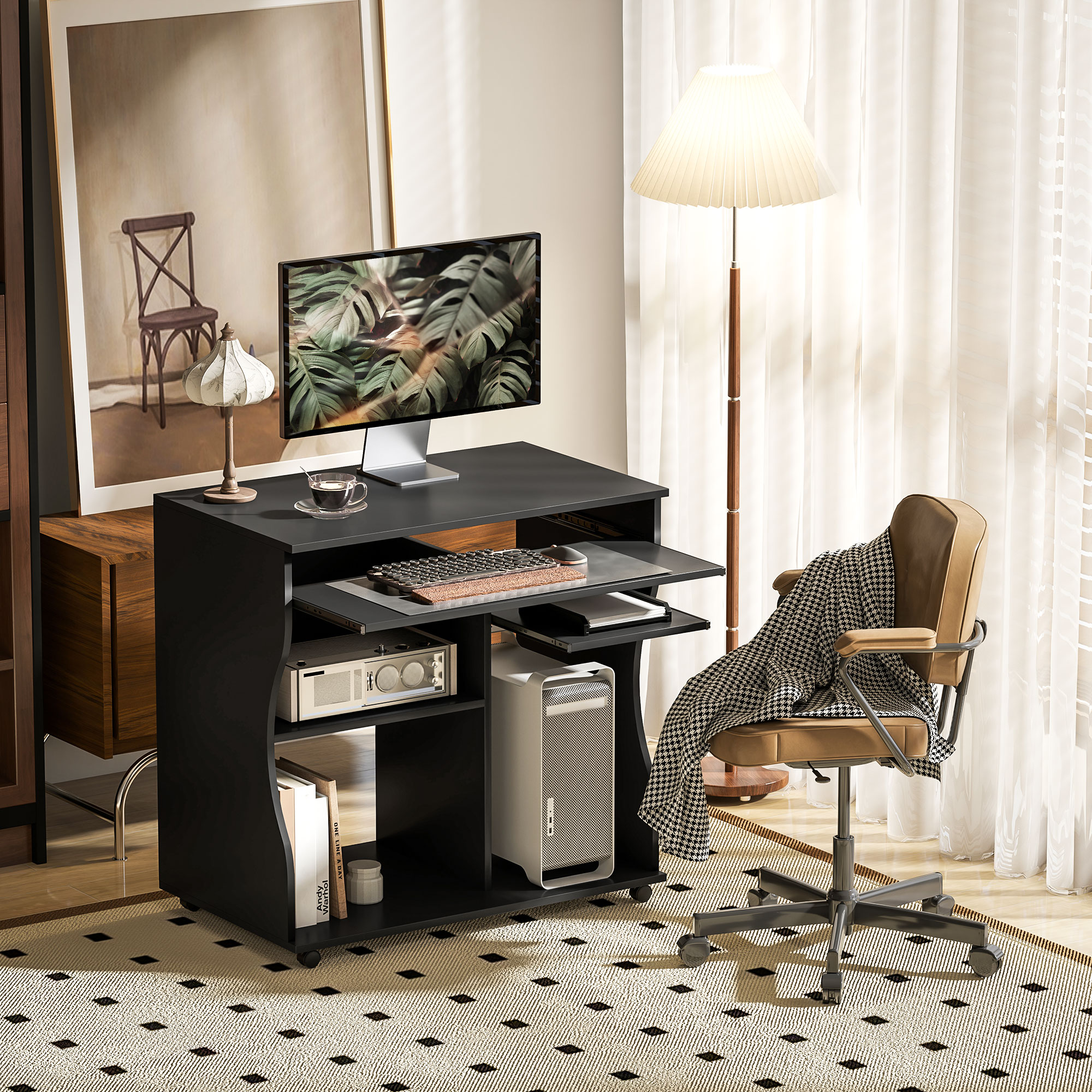HOMCOM Computertisch mit Rollen, Schreibtisch mit Stauraum, 80 x 48 x 75 cm, Schwarz