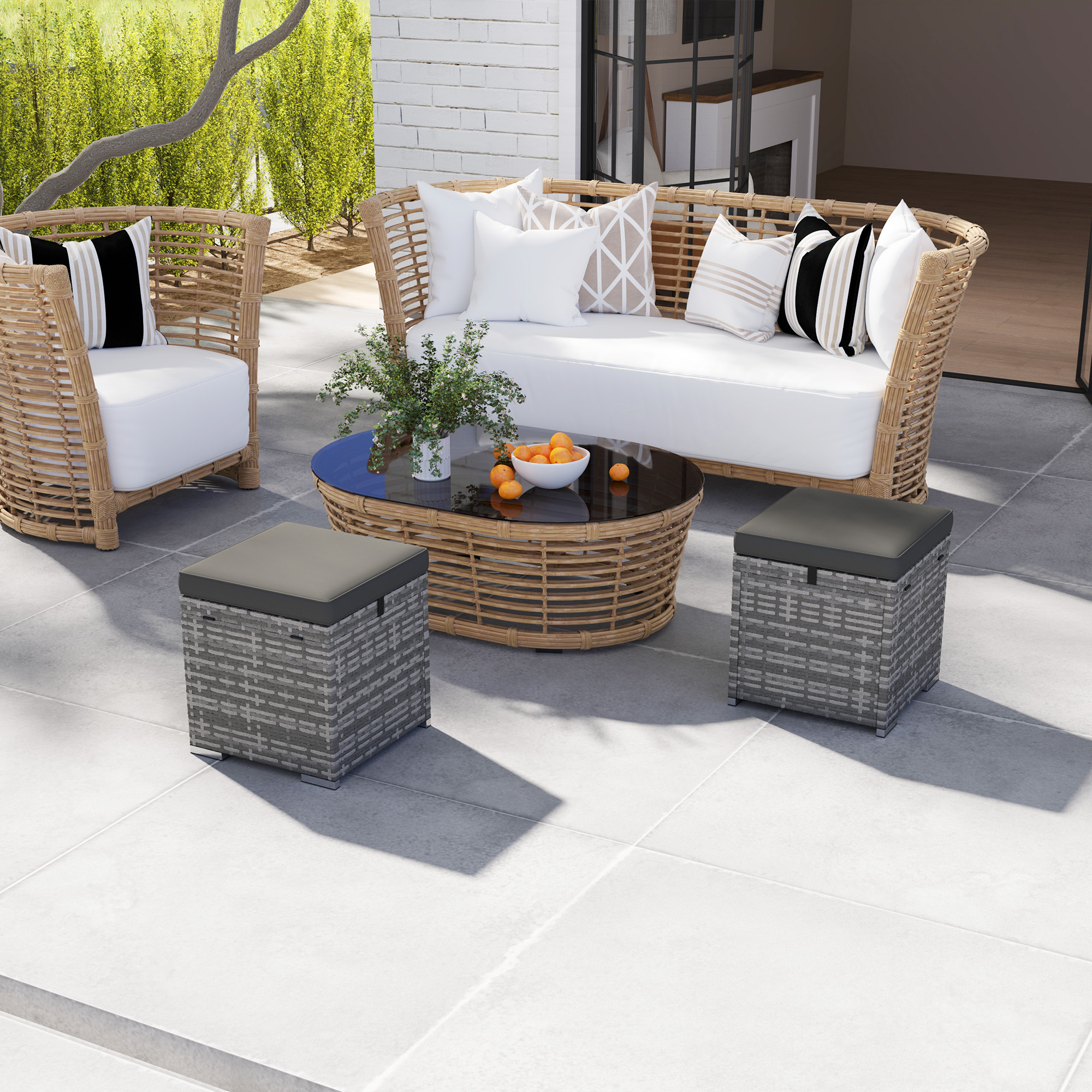 Outsunny 2er Set Rattan Hocker Sitzhocker mit Rattanoptik Stauraum Kissen Deckel 120 kg belastbar 40x40x41cm Dunkelgrau