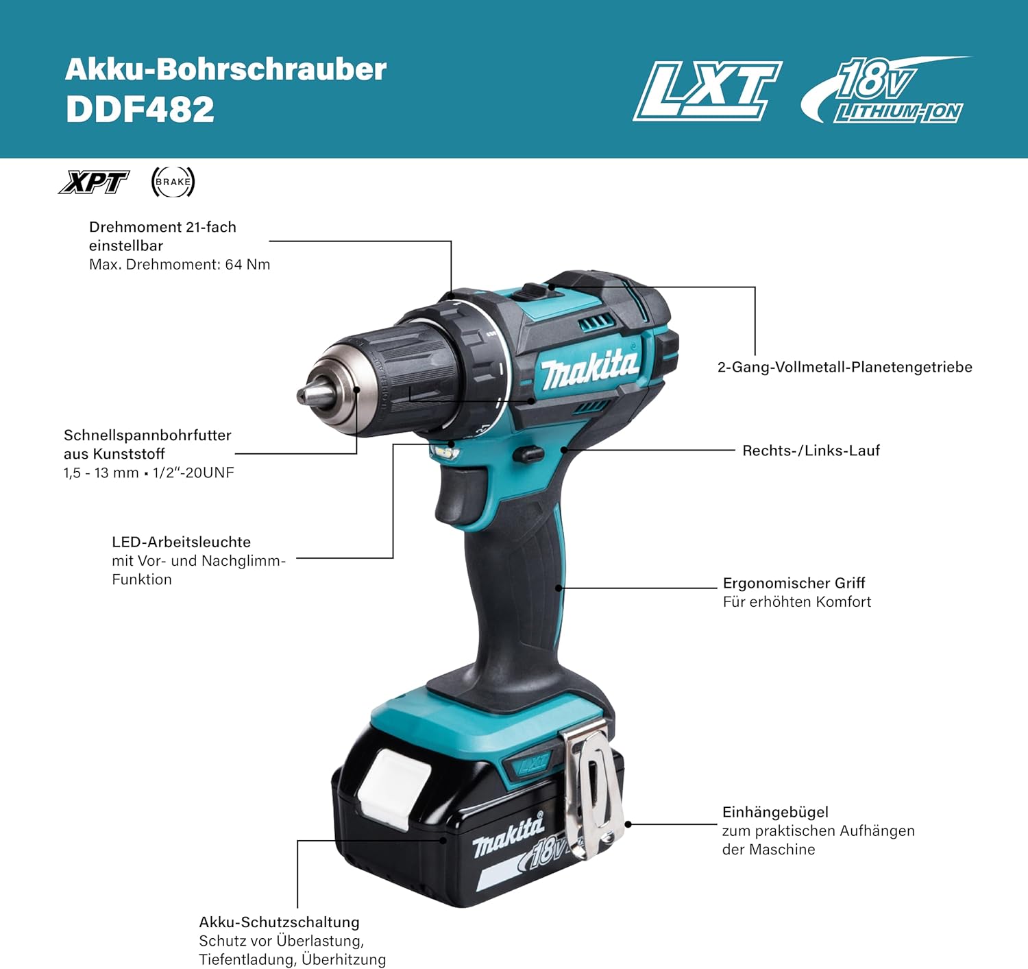 Makita DDF482RFJ Akku-Bohrschrauber 18V / 3,0 Ah, 2 Akkus + Ladegerät im MAKPAC