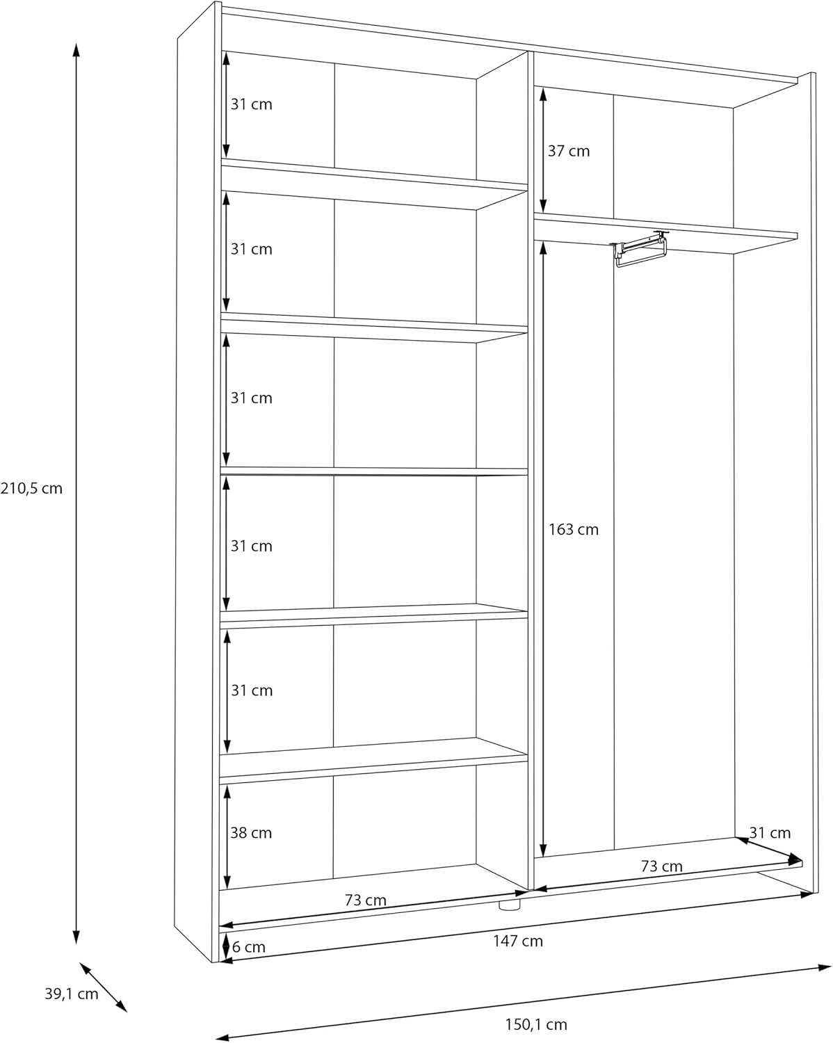 Forte Home Nook 150 Modern Wardrobe with 2 Doors Bedroom White Wood 150cm Width x 210cm Height x 39cm Depth