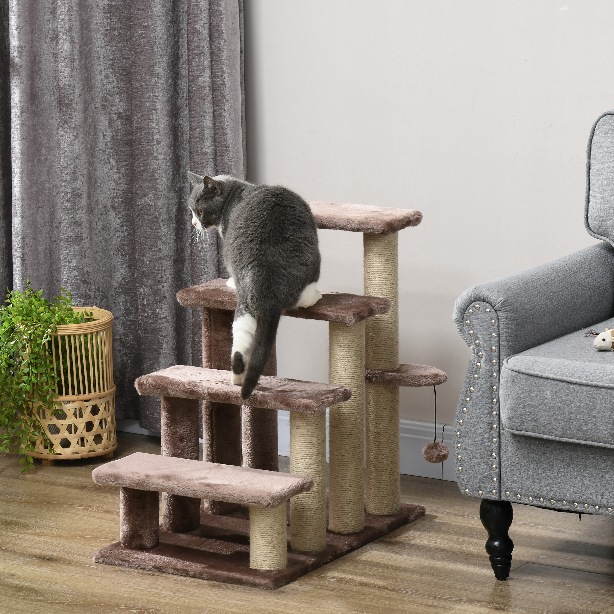 PawHut Haustiertreppe, Kratzbaum, 4-stufig, für Tiere bis 5 kg, 60x40x64cm, Braun