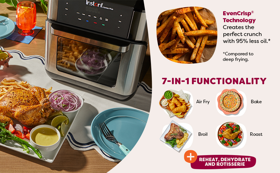 VORTEX Plus with a plate of food beside it. Text highlights 7-in-1 functions
