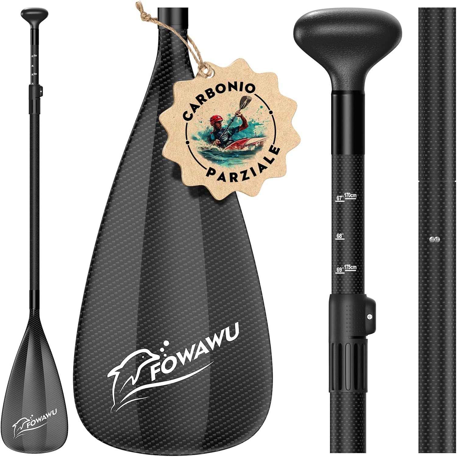 Pagaia SUP FOWAWU in carbonio parziale/alluminio - Pagaia per paddle board a tre pezzi regolabile - Remi leggeri e galleggianti per paddle board SUP?