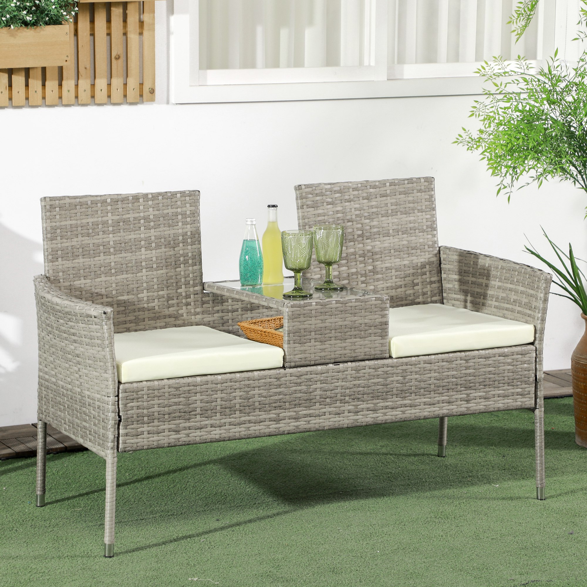 Outsunny Gartensofa für 2 Personen mit Kaffeetisch, aus Stahl und PE-Rattan, 137x59x82 cm, Grau und Creme