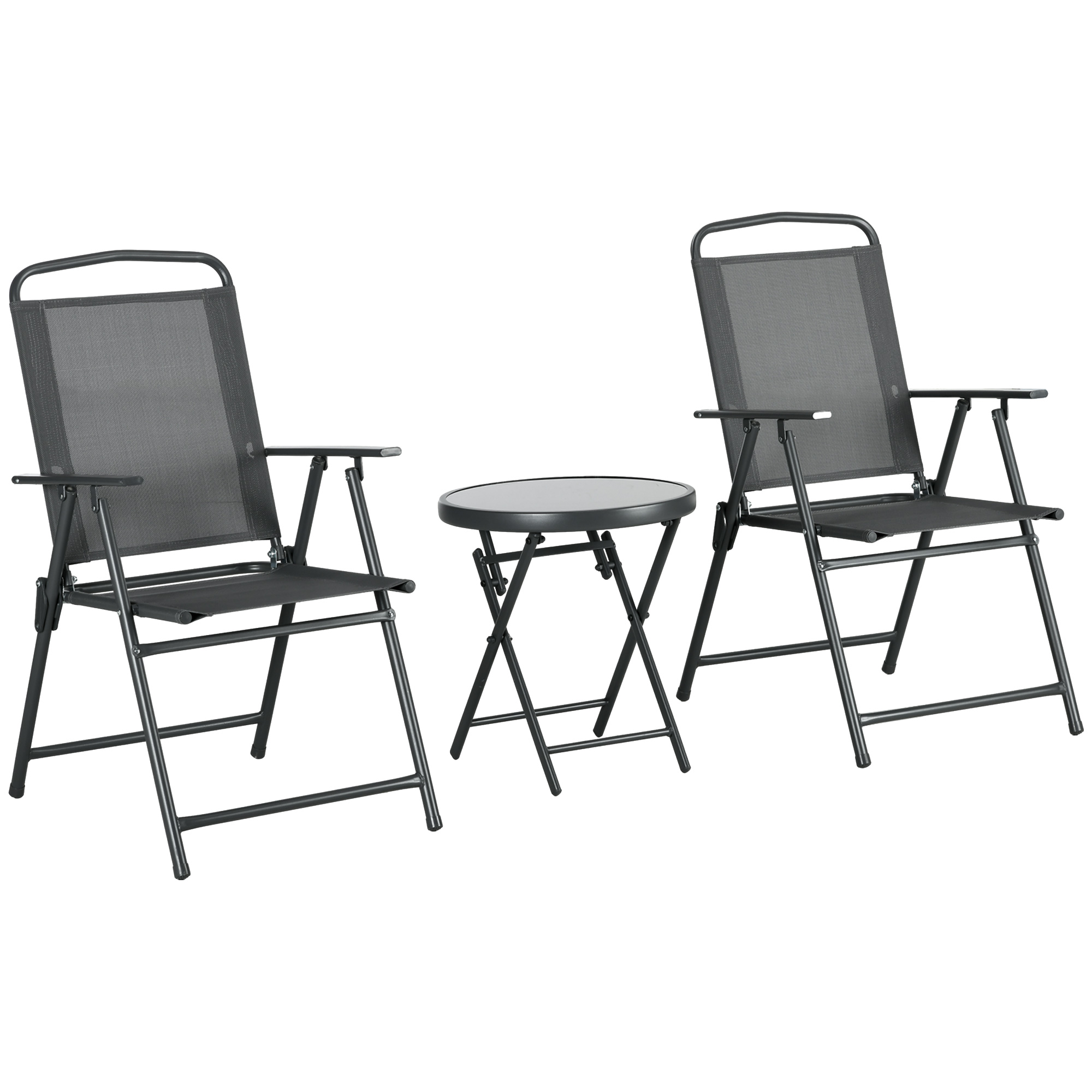 Outsunny Bistro-Set 3-teilig aus Metall Wetterfest Gartenmöbel Set mit klappbar Glastisch Gartenstühlen Dunkelgrau