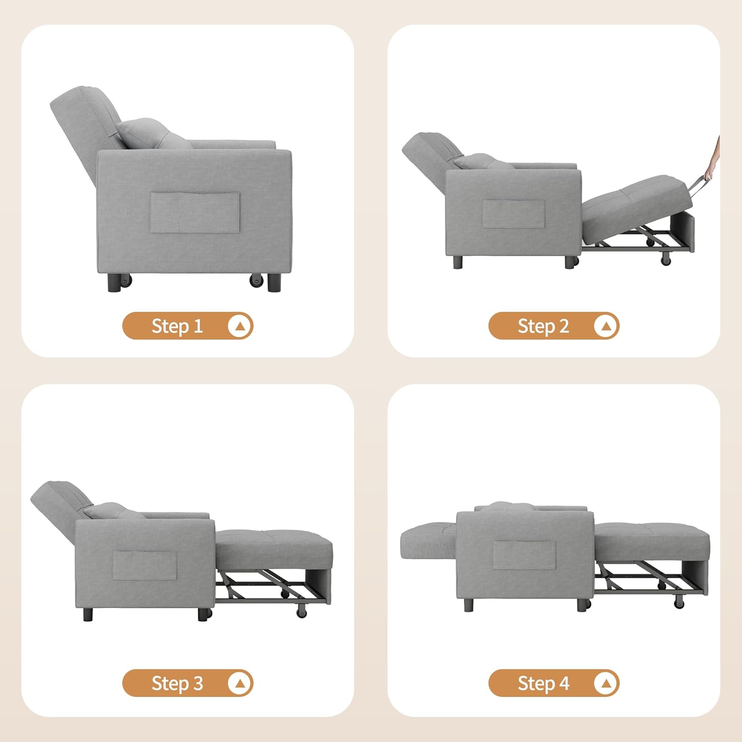 Bealife Relaxsessel, Schlafsessel mit Verstellbarer Rückenlehne, Fernsehsessel, Klappbares Schlafsofa, Relaxsessel fürs Wohnzimmer,Schlafzimmer (Hellgrau)