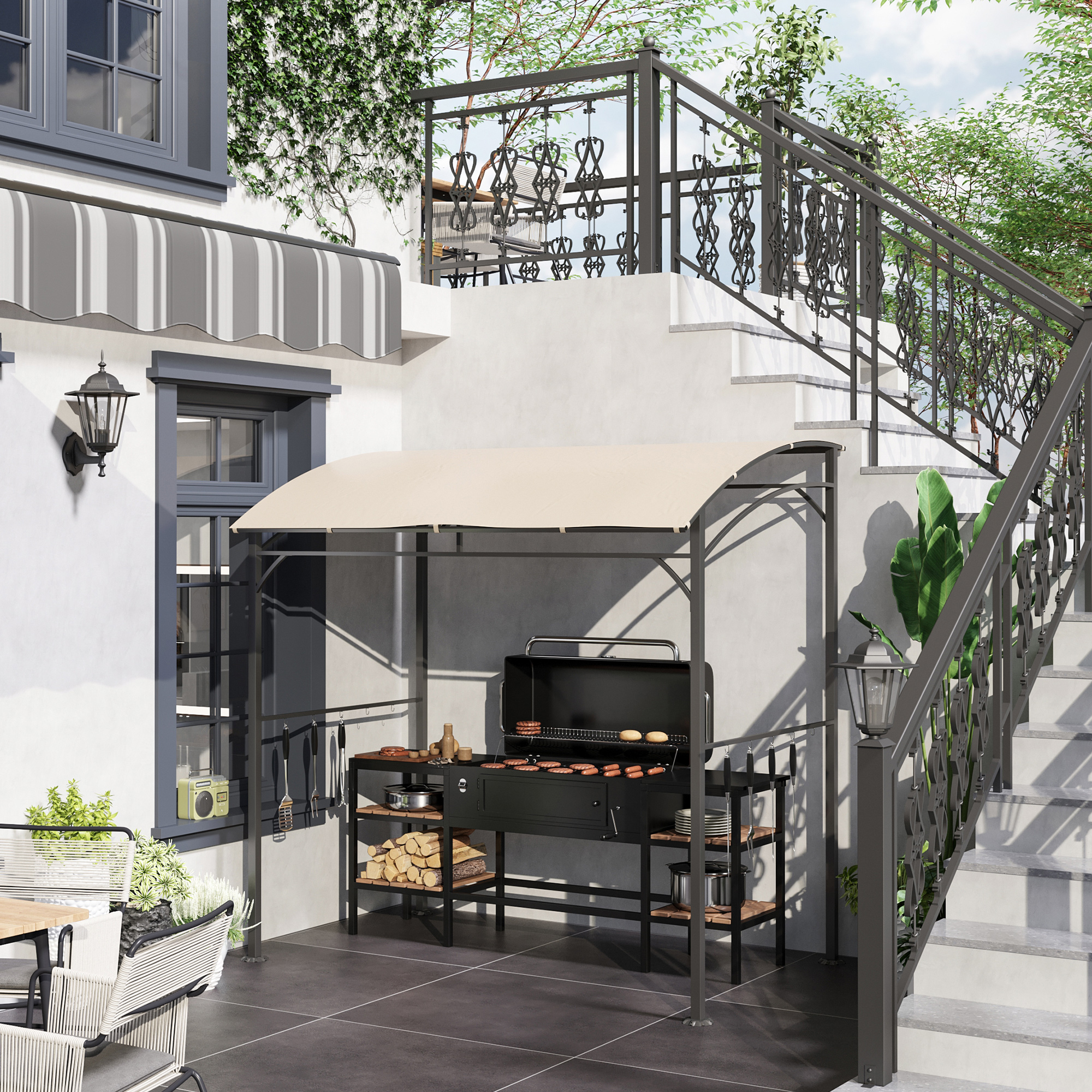 Outsunny Grillpavillon, Grillüberdachung, Regenschutz, Haken für Utensilien, Stahlrahmen, Beige+Schwarz, 215 x 150 x 182/220 cm
