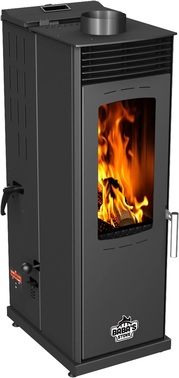 Babas Eco Mini Hybridofen Pellets und Holz Kombiofen Kaminofen 8 kW Pelletofen ohne Strom Schwarz Holzofen Holz Ofen Kamin