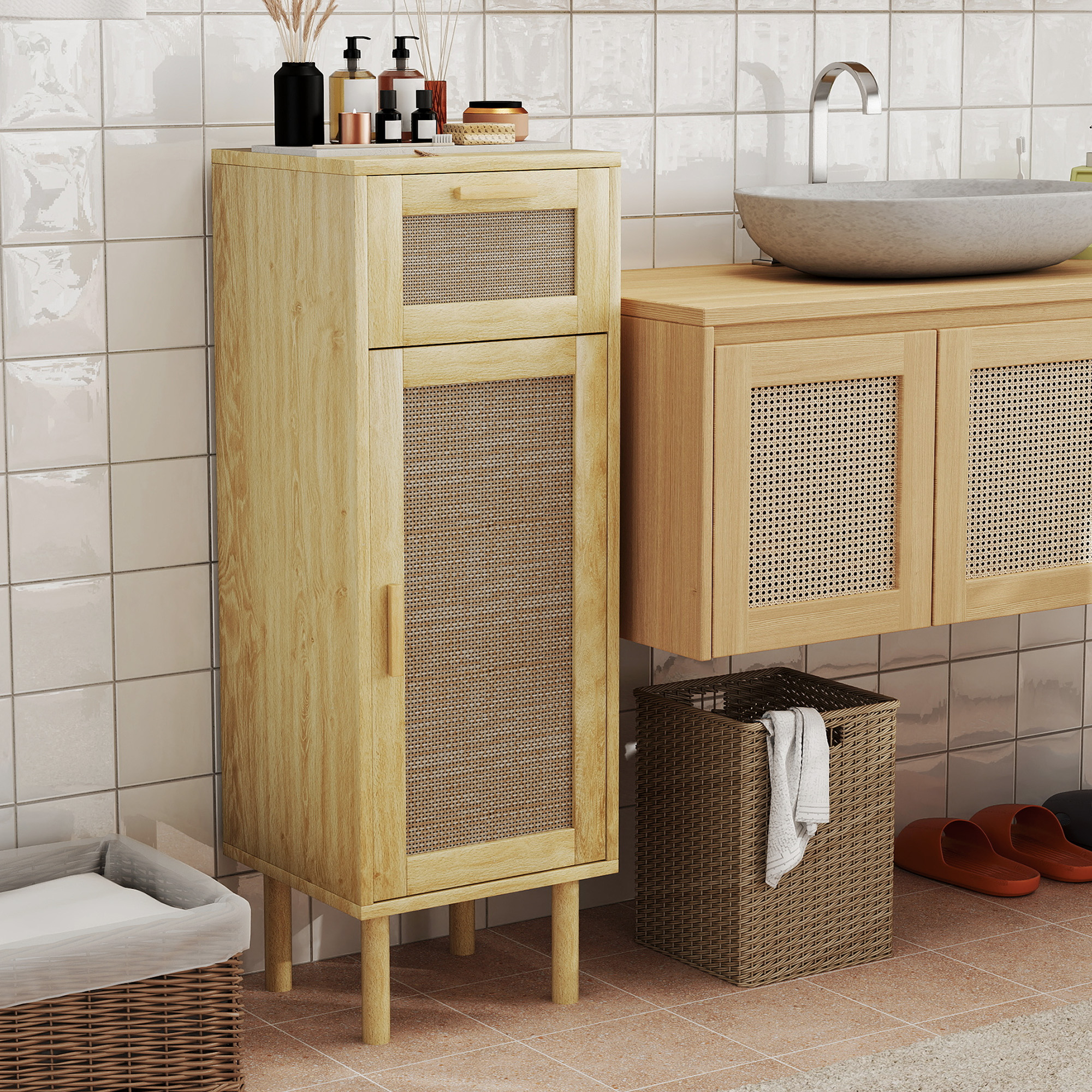 HOMCOM Badezimmerschrank Aufbewahrung, Bohème-Stil Aufbewahrungsschrank - Schublade und Doppelschrank, verstellbare Regale, Rattantür
