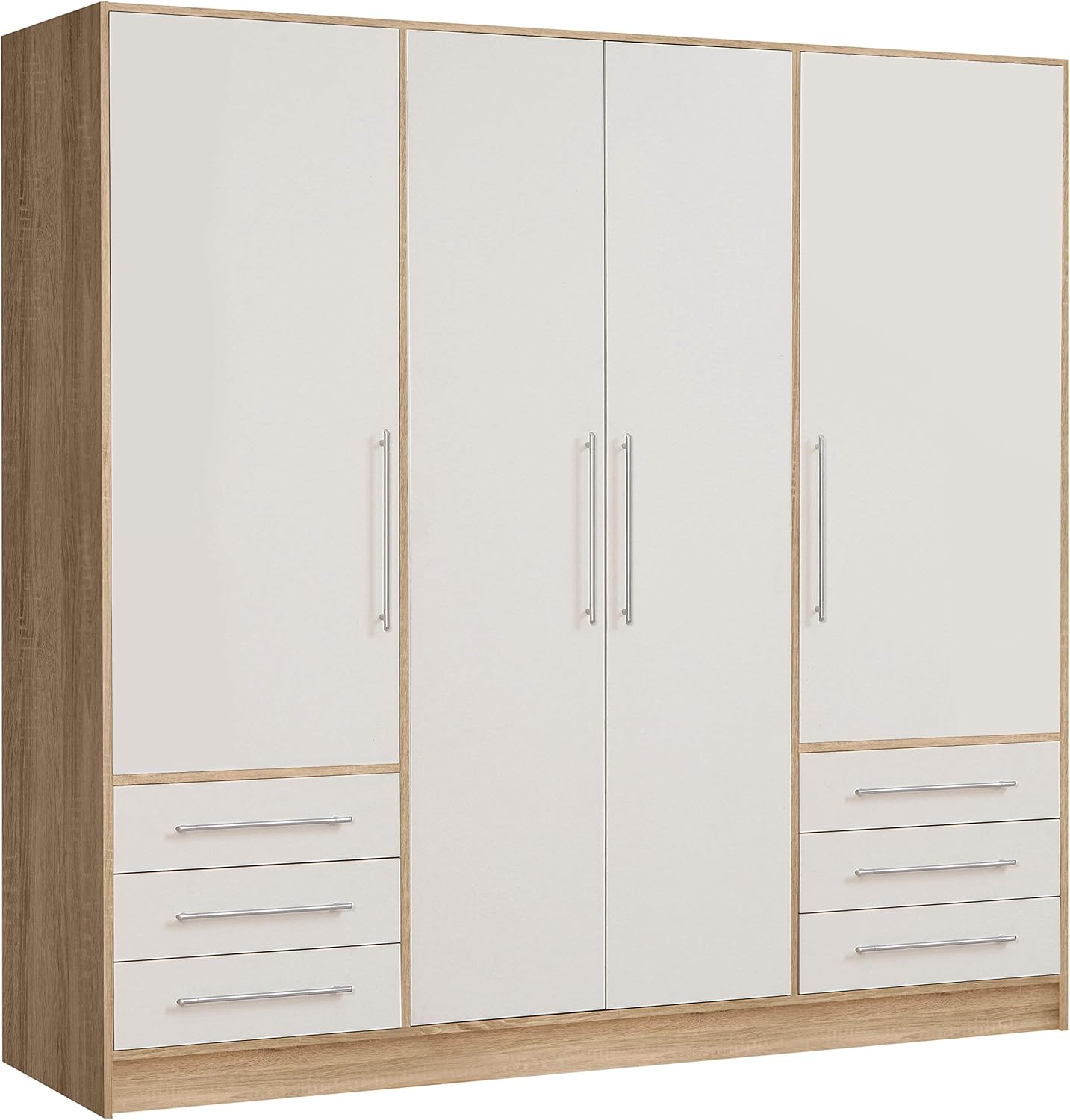 Newface Forte Wardrobe Jupiter 200 210, Wardrobe, Hinged Doors, 4 Doors, with 6 Drawers and Shelves, White with Wood Decoration: Sonoma Oak, 206 x 200 x 60 cm