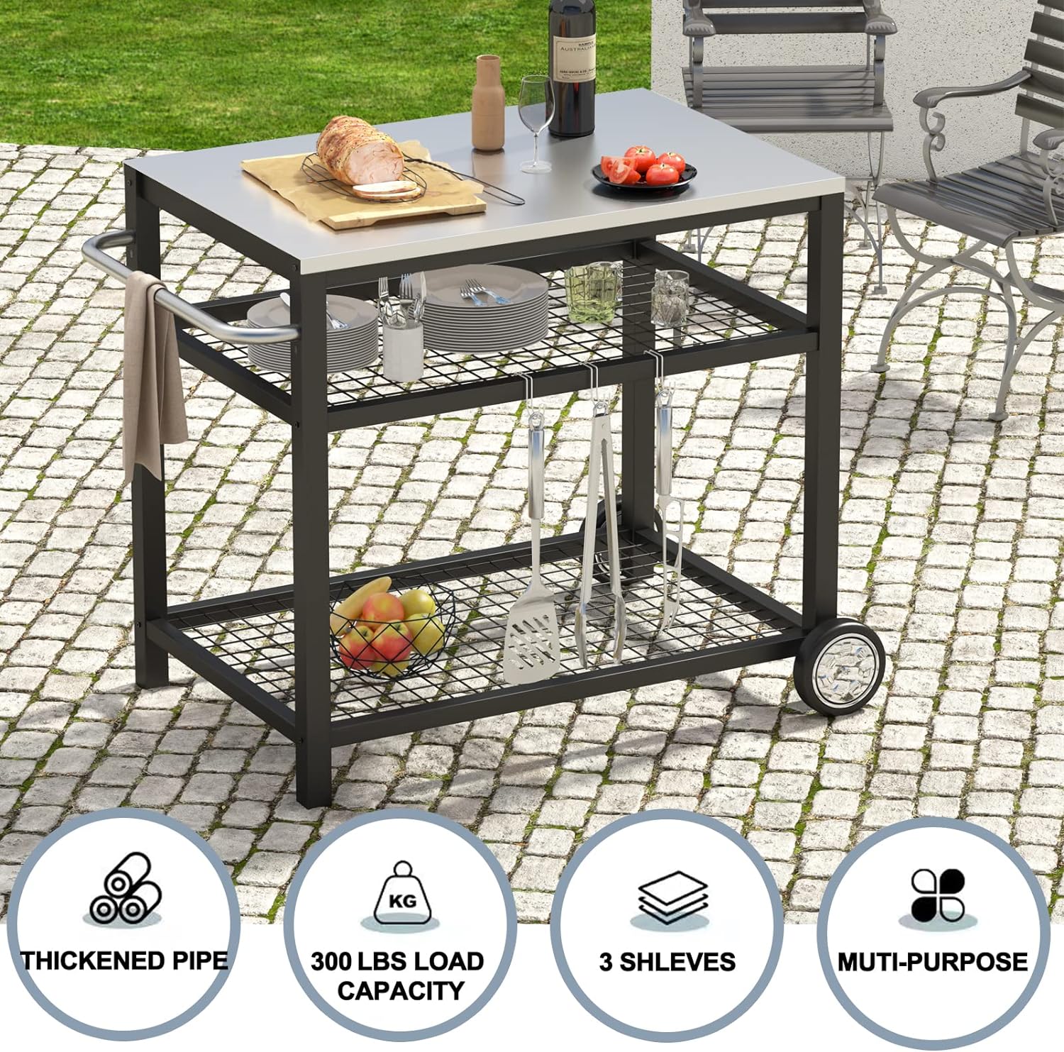 Stainless Steel Grill Cart, Movable Food Prep Table with Wheels and Handle   Heavy Duty Outdoor Cart