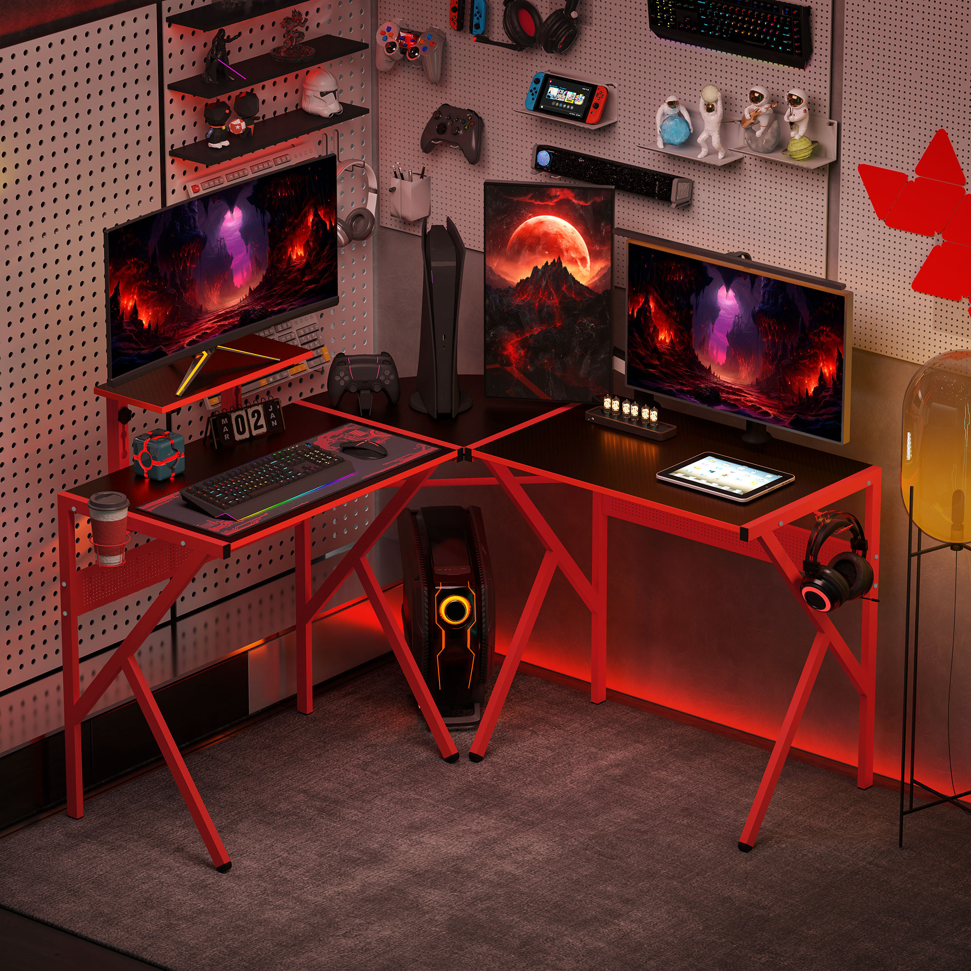 HOMCOM Computertisch mit höhenverstellbarer Monitorablage Schreibtisch mit Becherhalter Kopfhörerhaken L-förmiger Bürotisch mit K-Förmiger Beine Spanplatte Metall Schwarz+Rot 125 x 125 x 75 cm