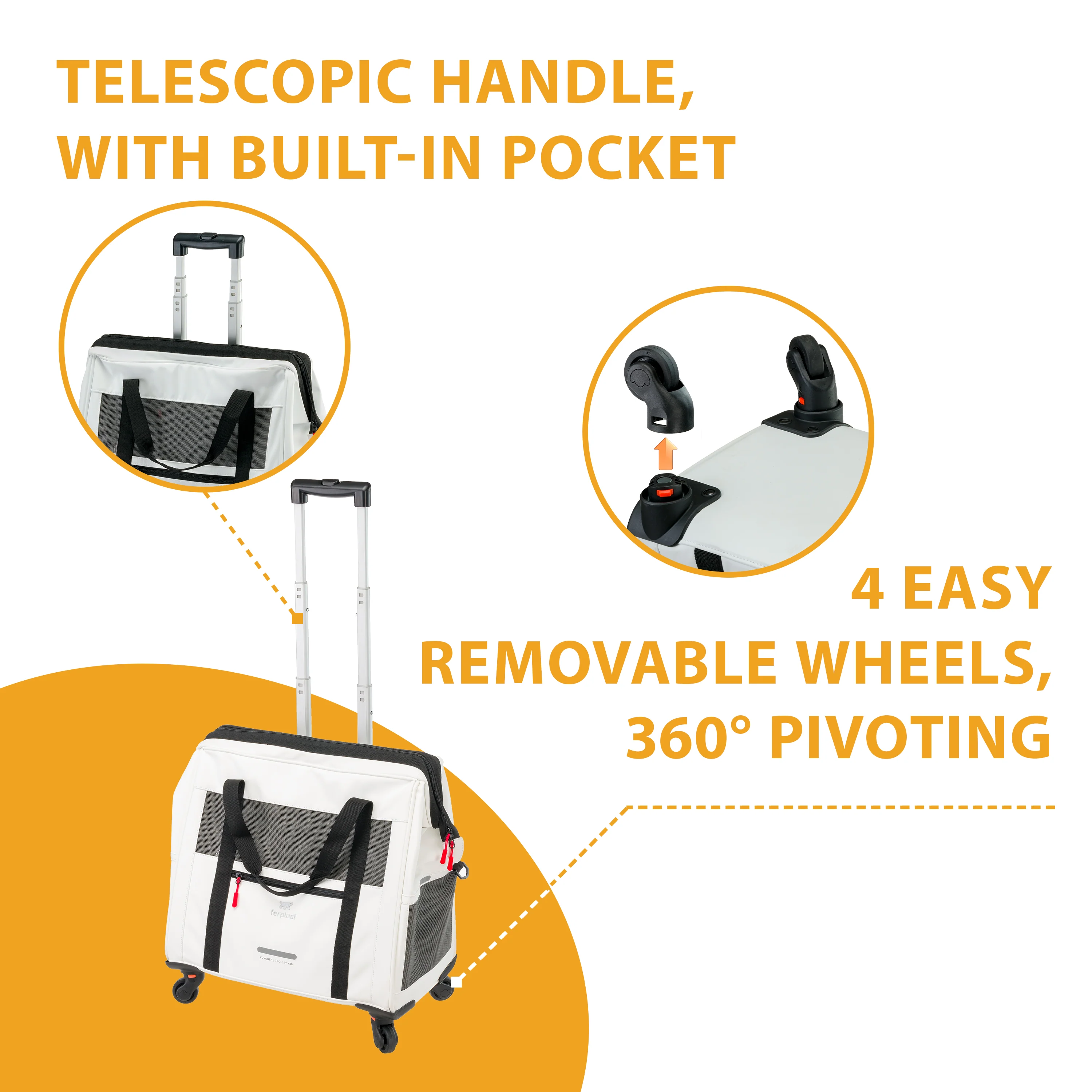 2025 Voyager Trolley di Ferplast – elegante e leggero trolley in similpelle per gatti e cani di piccola taglia fino a 15 kg. Con ruote, finestre in rete e cintura di sicurezza – perfetto per viaggi comodi.