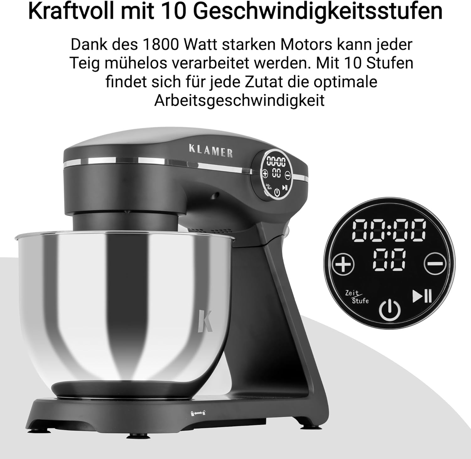 KLAMER Küchenmaschine 1800W, Knetmaschine Brotteig mit Edelstahl-Rührschüssel 6 L, 10 Stufen mit Timer, Planetenrührwerk, Rührbesen, Knethaken, Schneebesen & Sichtdeckel (schwarz)