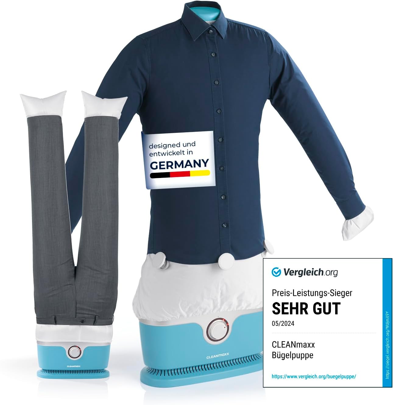 CLEANmaxx Automatischer Hemden-Bügler zum Trocknen und Gltten von Hemden & Blusen inklusive Aufsatz für Hosen | Die innovative und schonende Art, Ihre Wsche zu gltten
