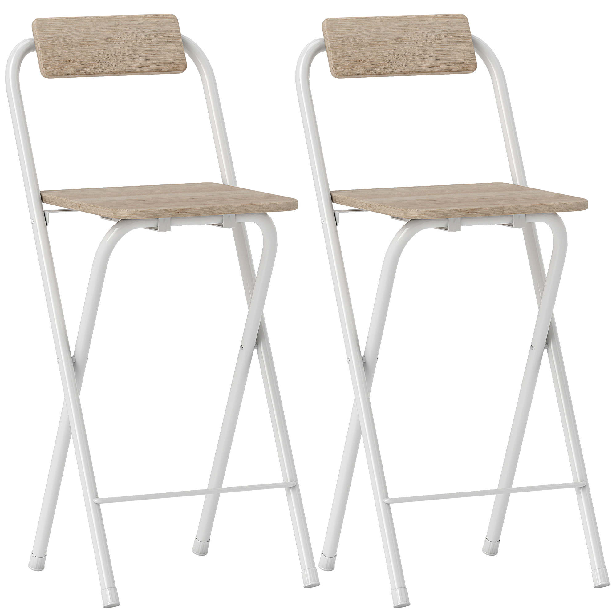 HOMCOM Set mit 2 klappbaren Barhockern mit Rückenlehne und Fußstütze, Stahlgestell, 87 cm hoch, natürliche Holzoptik