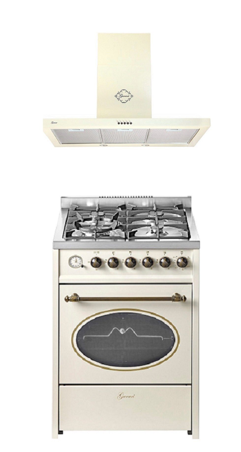Gas-Standherd 60 cm Erdgas Fl.Gas 4 Kw WOK+Dunstabzugshaube 90 cm in Creme, Flachpaneel Wandhaube Motor 1000m³/h GCH G 614 CR+GCH 461 BG 9