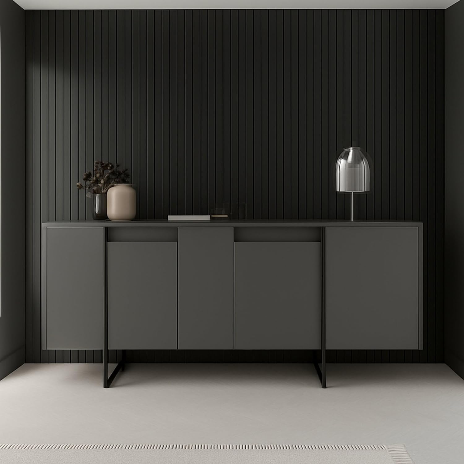 Dmora - Credenza Betel, Buffet da soggiorno, Madia da salotto, Dispensa da cucina, 160x35h80 cm, Antracite e Nero