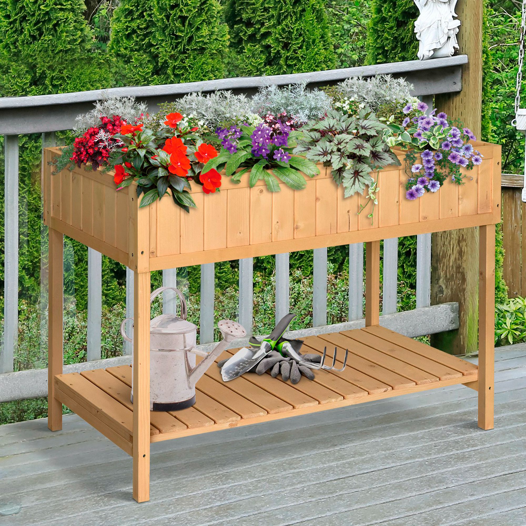 Outsunny Hochbeet 8 Fächer Pflanztisch Blumenkasten Tannenholz 1 Ablage + Abfluss