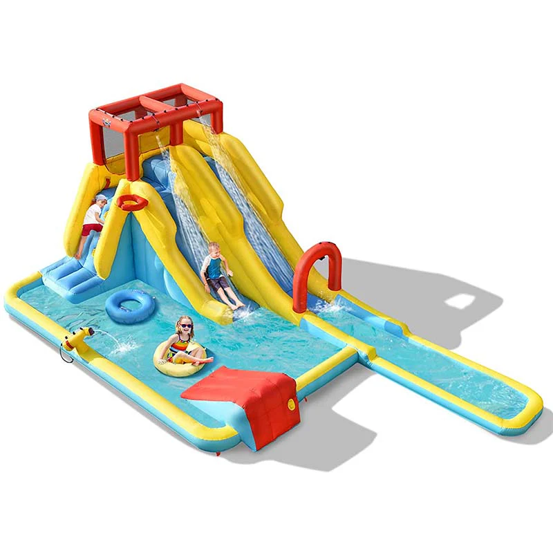 7 In 1 Dual Slide Water Park Bouncy Castle Inflatable Bounce House With Climbing Wall Splash Pool Basketball Rim Water Amp Sprinker
