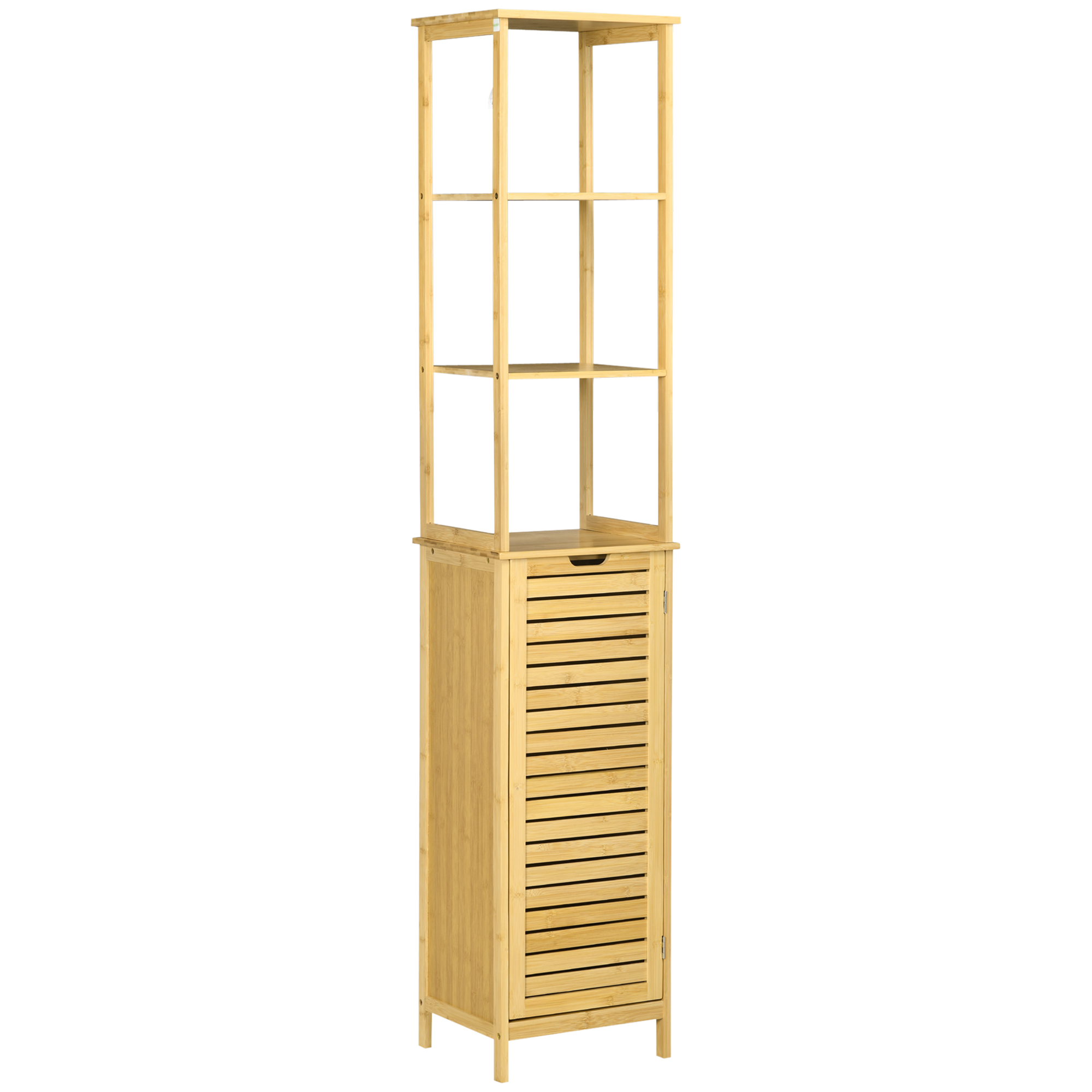 kleankin Badschrank, Hochschrank, drei Regalböden, ein Schrankfach mit Lamellentür, Kippschutz, Bambus, 34 x 30 x 173cm