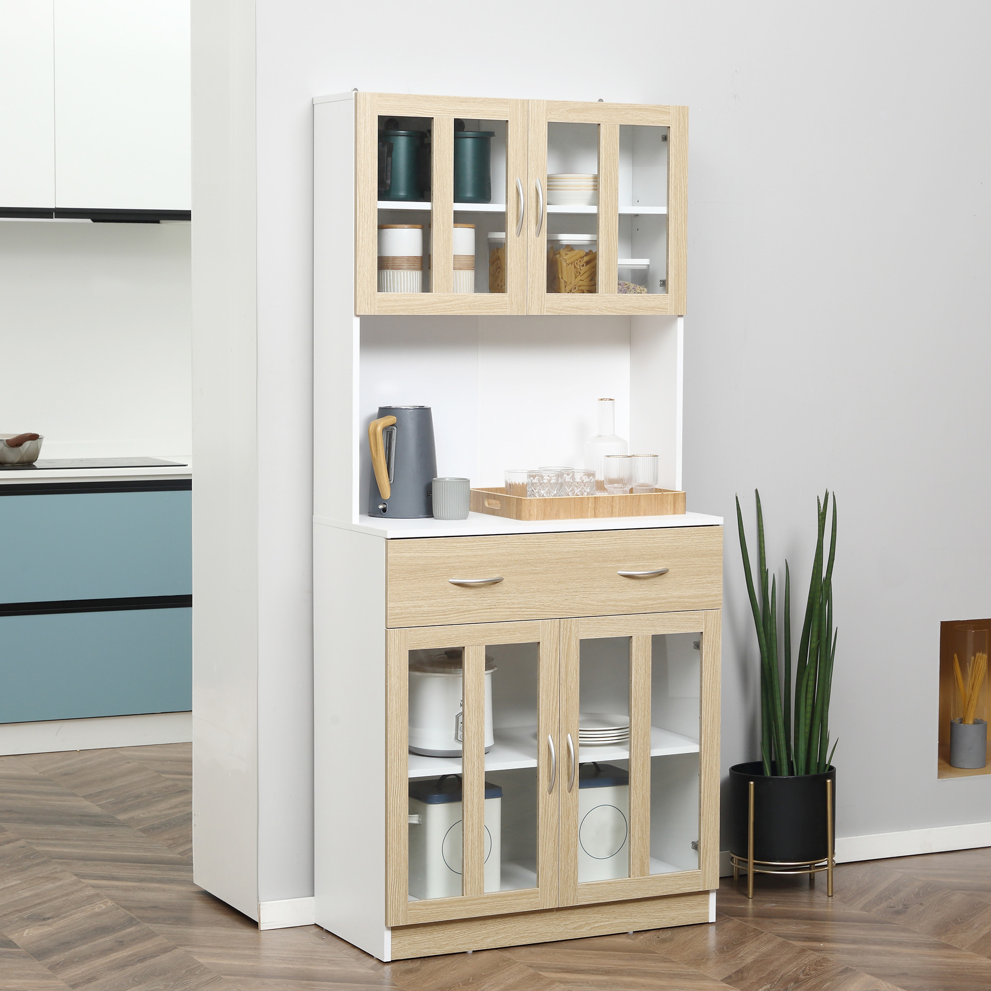 HOMCOM Küchenschrank Hochschrank Küchenbuffet mit Glastüren Geschirrschrank Esszimmerschrank mit 2 Schubladen und 2 Schränken Weiß+Natur 80 x 40 x 180 cm